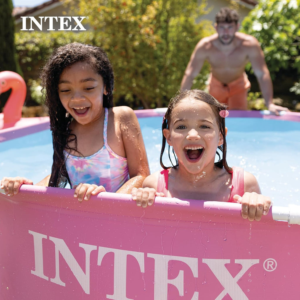Intex 28290EH 8 Feet by 30 Inches Easy to Assemble Large Round Metal Frame Above Ground Swimming Pool with Dual Suction Outlet Fittings, Pink