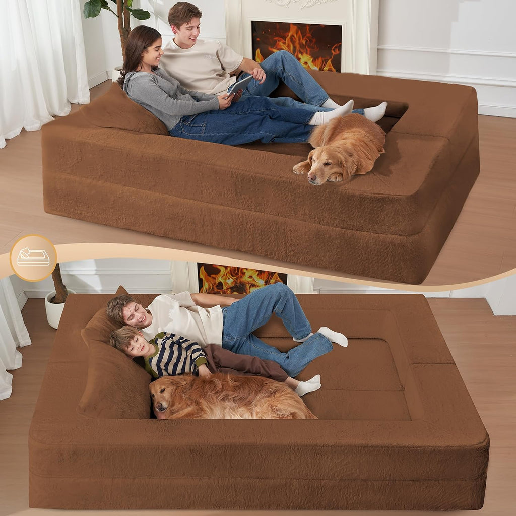 Folding Bean Bag Chair for Adults,3-in-1 Bean Bag Couch Faux Fur Floor Sofa Large Beanbag Convertible Bean Bag Sofa Bed with Pillow in Bedroom,Living Room,Apartment(Queen,Caramel)