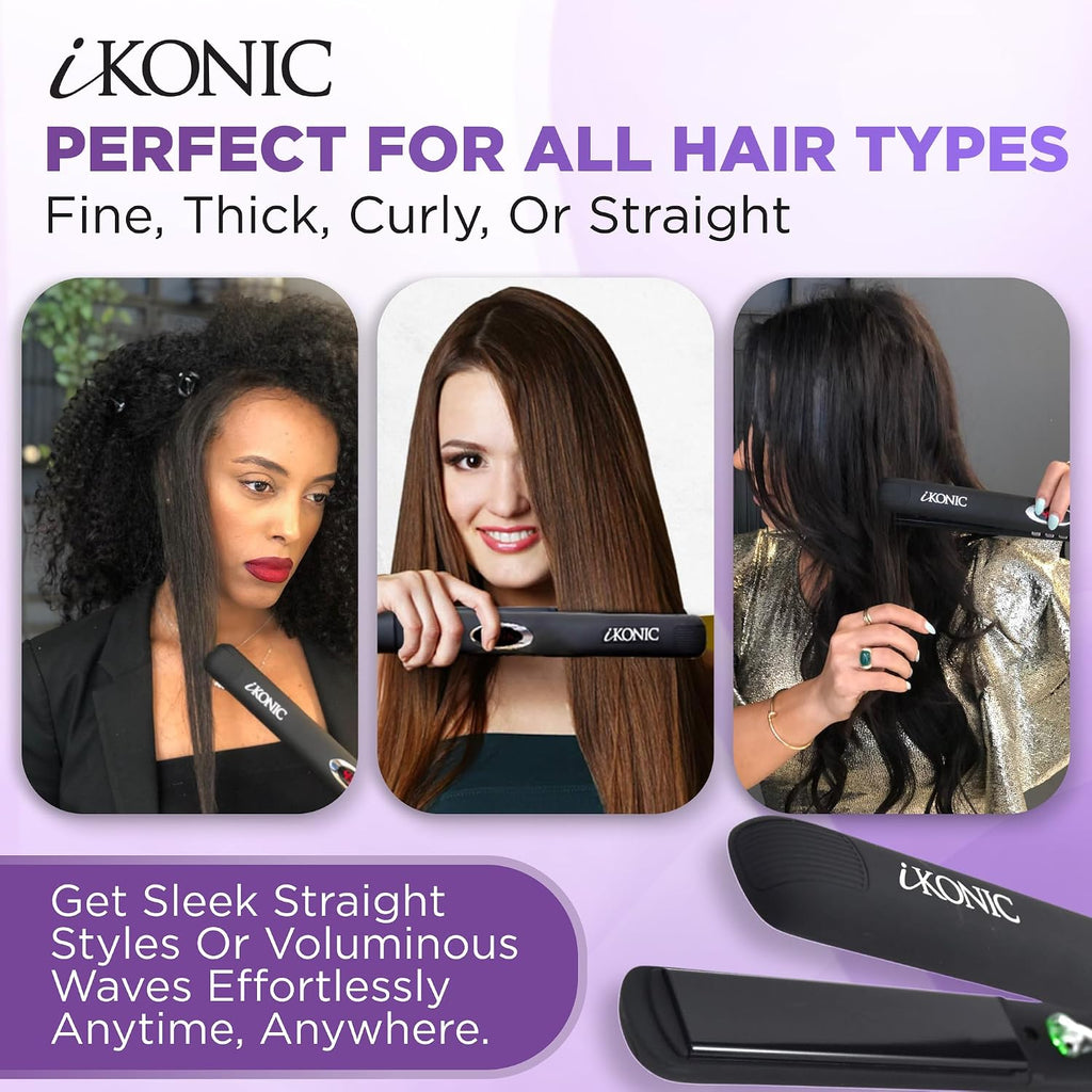 IKonic 100% Tourmaline Ceramic Hair Straightener & Curler– Anti-Static Infrared Ionic 2-in-1 Dual Voltage Flat Iron –1' Floating Plates, Adjustable Temp 140–450°F, Frizz-Free & Fast Heat Hair Iron