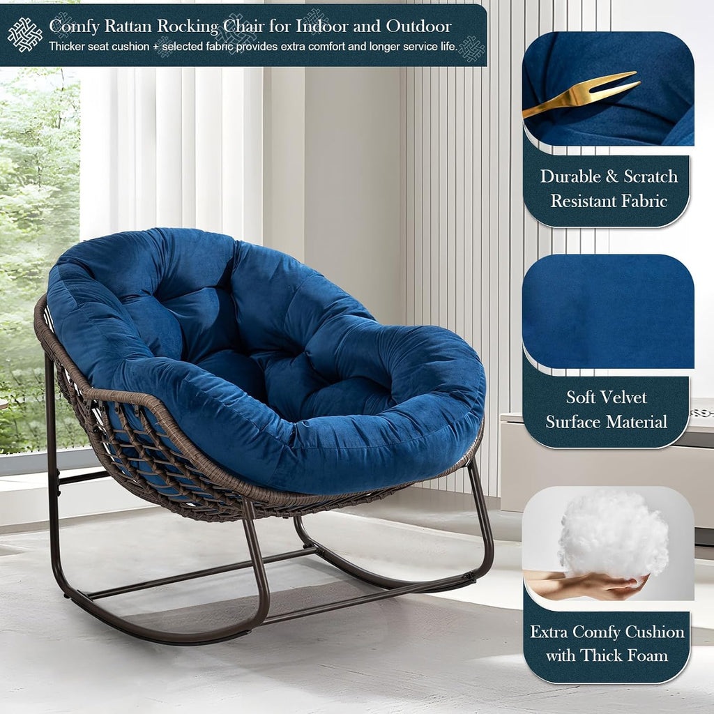 Outdoor Rocking Chair Set of 2, Patio Oversized Rattan Egg Rocking Chair, Indoor Outside Padded Cushion Rocker Recliner Chair, Modern Lounge Chair for Front Porch, Garden, Backyard, Balcony, Navy Blue