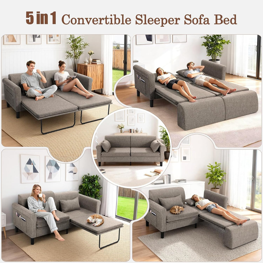 SEJOV 74' Convertible Sofa Bed, 5-in-1 Loveseat Sleeper Sofas with Pull Out Couch Bed, Storage Pockets & 2 Pillows, Modern Folding Linen Futon Couch for Living Room, Bedroom, Small Space, Brown