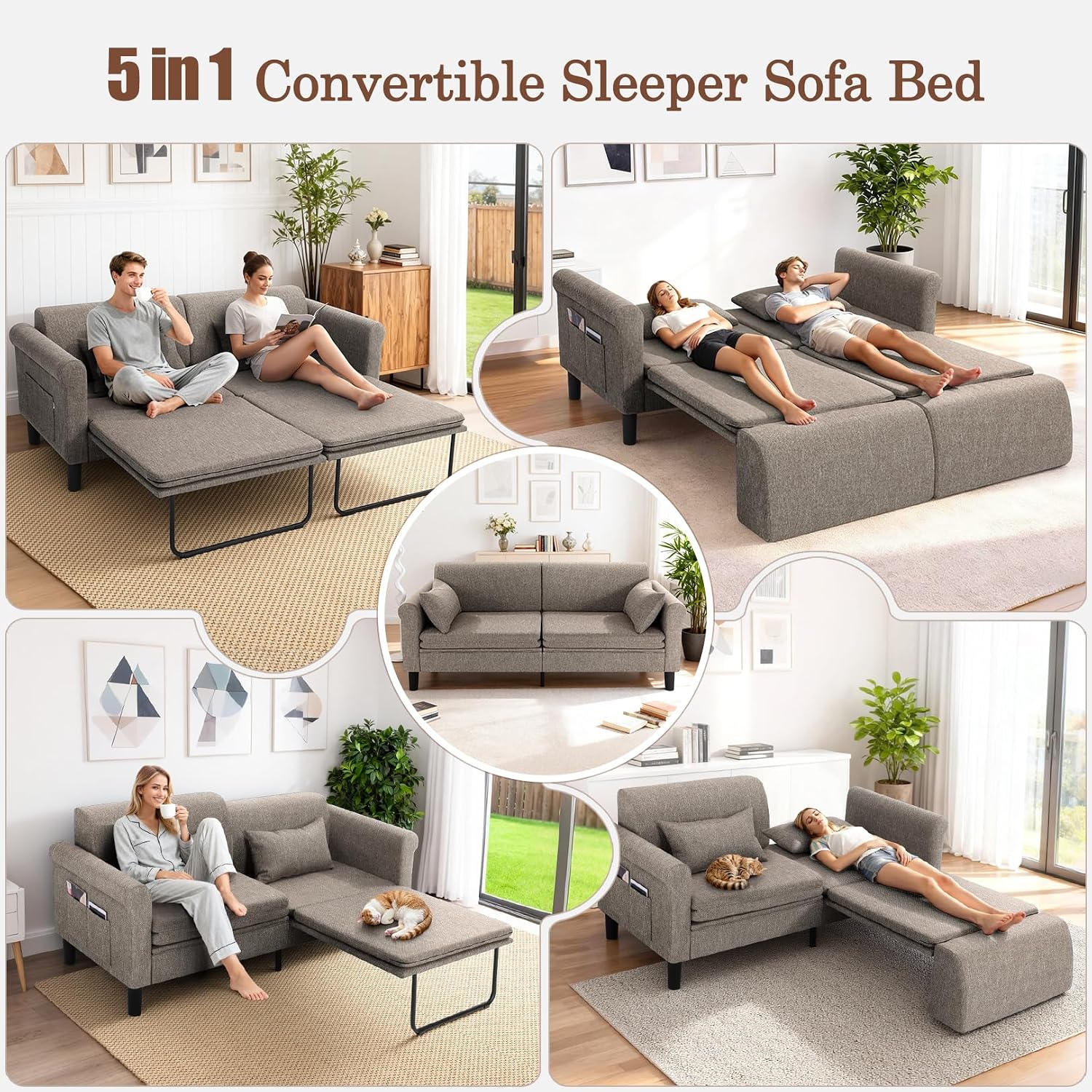 SEJOV 74' Convertible Sofa Bed, 5-in-1 Loveseat Sleeper Sofas with Pull Out Couch Bed, Storage Pockets & 2 Pillows, Modern Folding Linen Futon Couch for Living Room, Bedroom, Small Space, Brown