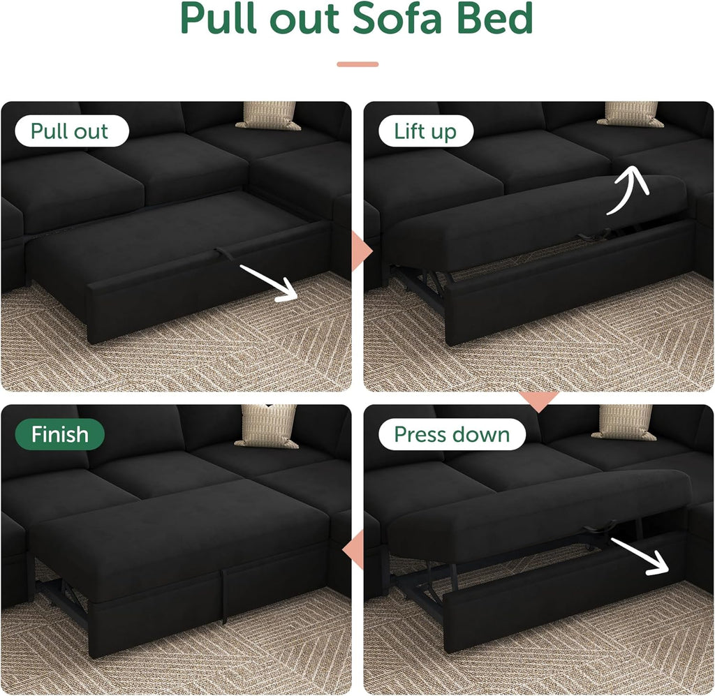 HONBAY Sleeper Sectional Couch with Pull Out Bed, Velvet Modular Sofa with Storage, U Shaped Sectional Couches for Living Room, Black