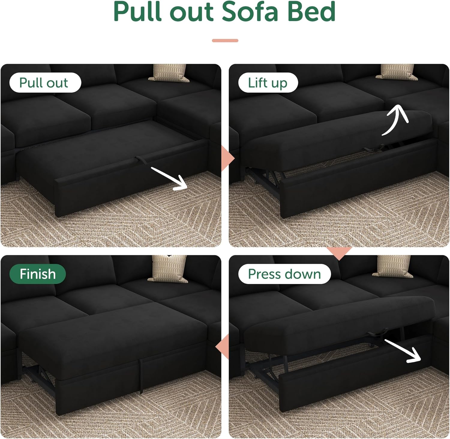 HONBAY Sleeper Sectional Couch with Pull Out Bed, Velvet Modular Sofa with Storage, U Shaped Sectional Couches for Living Room, Black