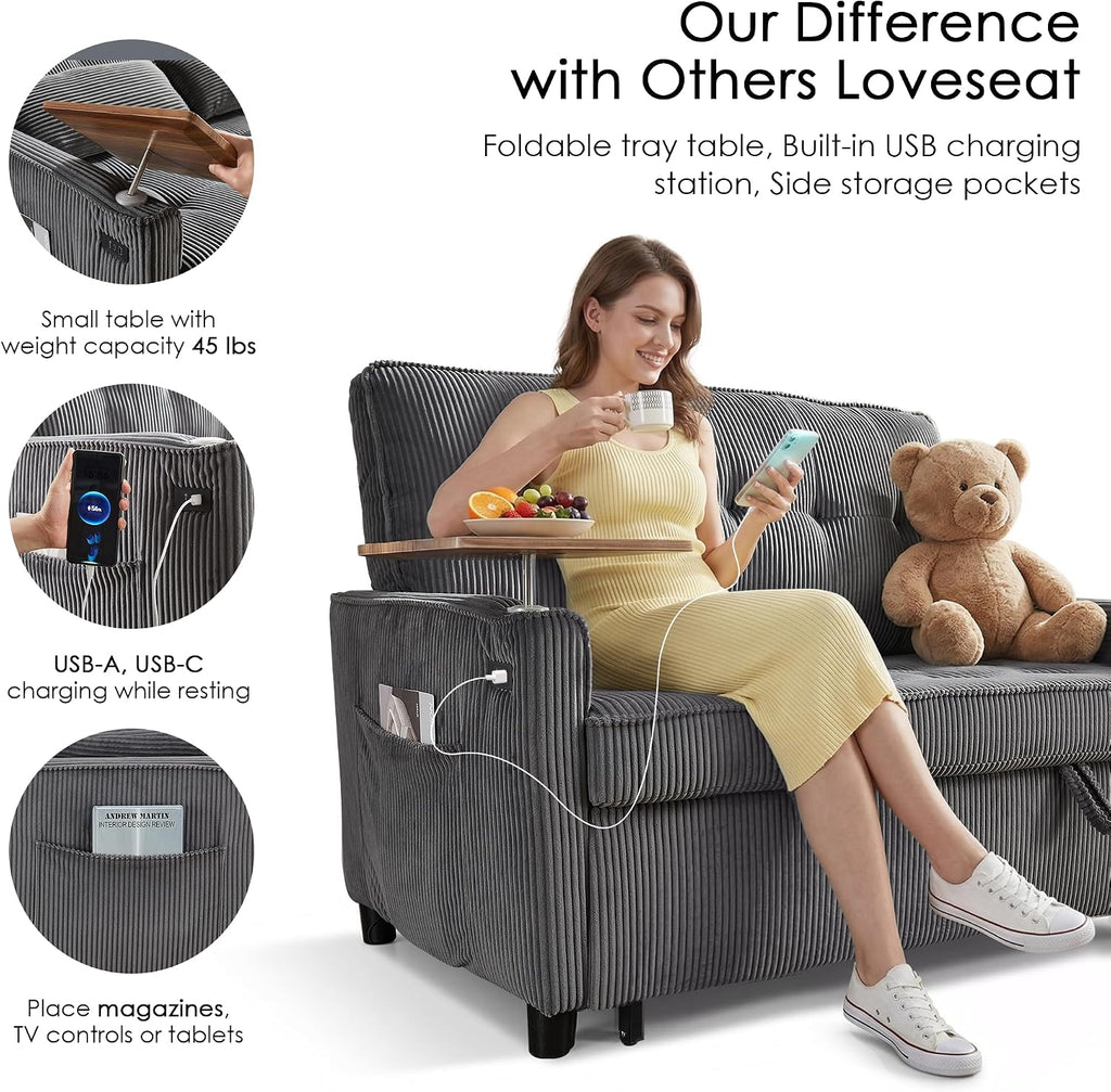 Sleeper Sofa Bed, 54'' Convertible Pull Out Couch with Small Table| USB Port | Side Pockets | Corduroy Fabric | Adjustable Backrest for Apartment, Office, Bedroom, Guest Room(Darkgray)