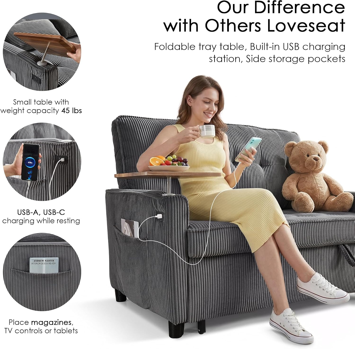 Sleeper Sofa Bed, 54'' Convertible Pull Out Couch with Small Table| USB Port | Side Pockets | Corduroy Fabric | Adjustable Backrest for Apartment, Office, Bedroom, Guest Room(Darkgray)