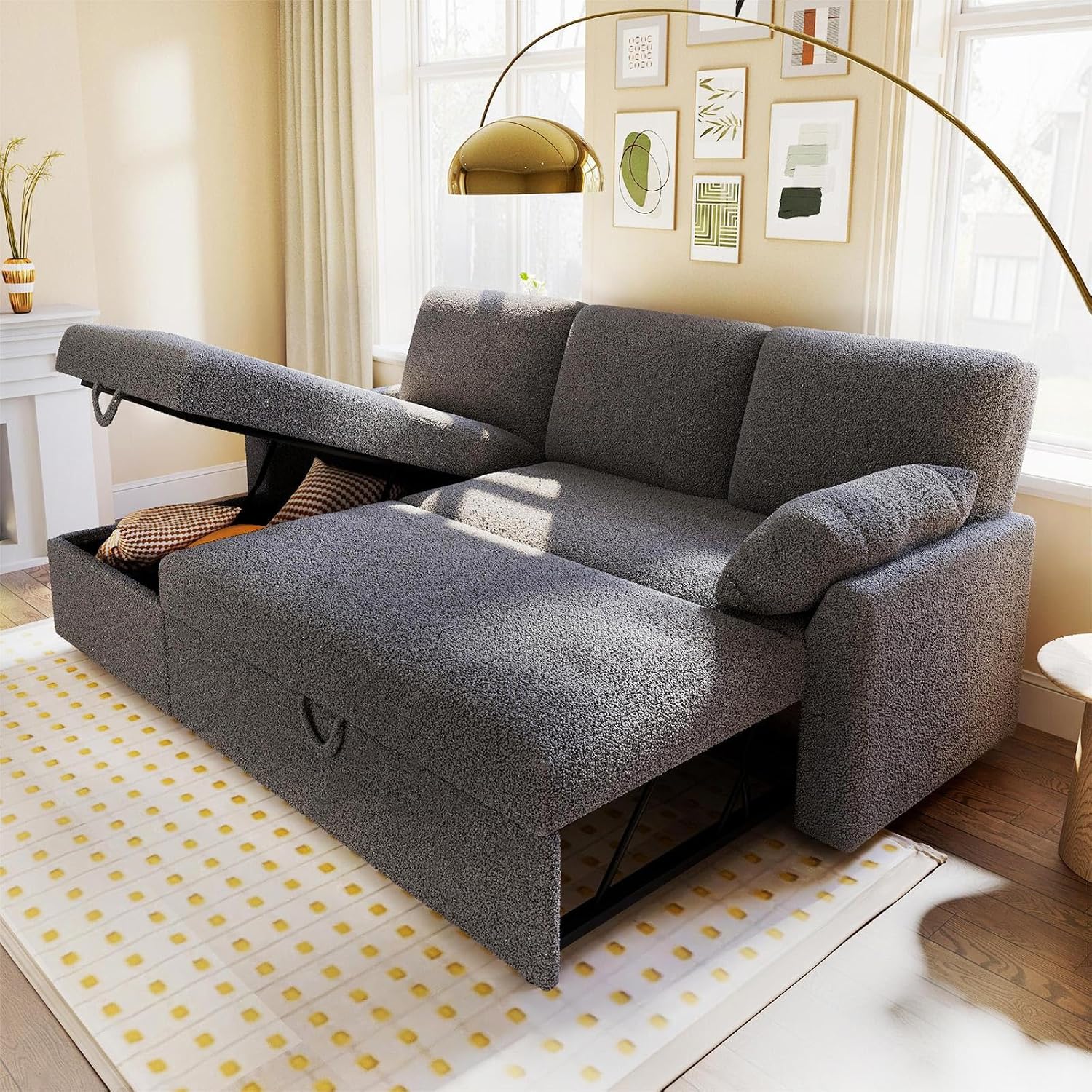 PaPaJet Sofa Bed, Sleeper Sofa with Storage Chaise, L Shaped Sofa with Pull Out Bed, Oversized Sofas for Living Room-Dark Gray Boucle