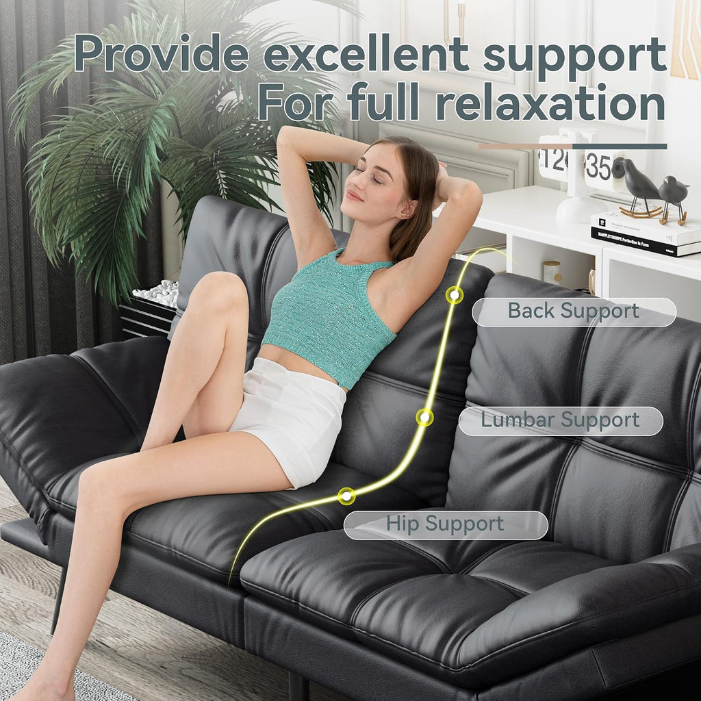 Futon Sofa Bed Convertible Couch, Black Faux Leather Sofa Bed with Memory Foam, Adjustable Backrest & Armrests, Multifunctional Small Loveseat Sleeper Sofa for Living Room, Apartment, Office