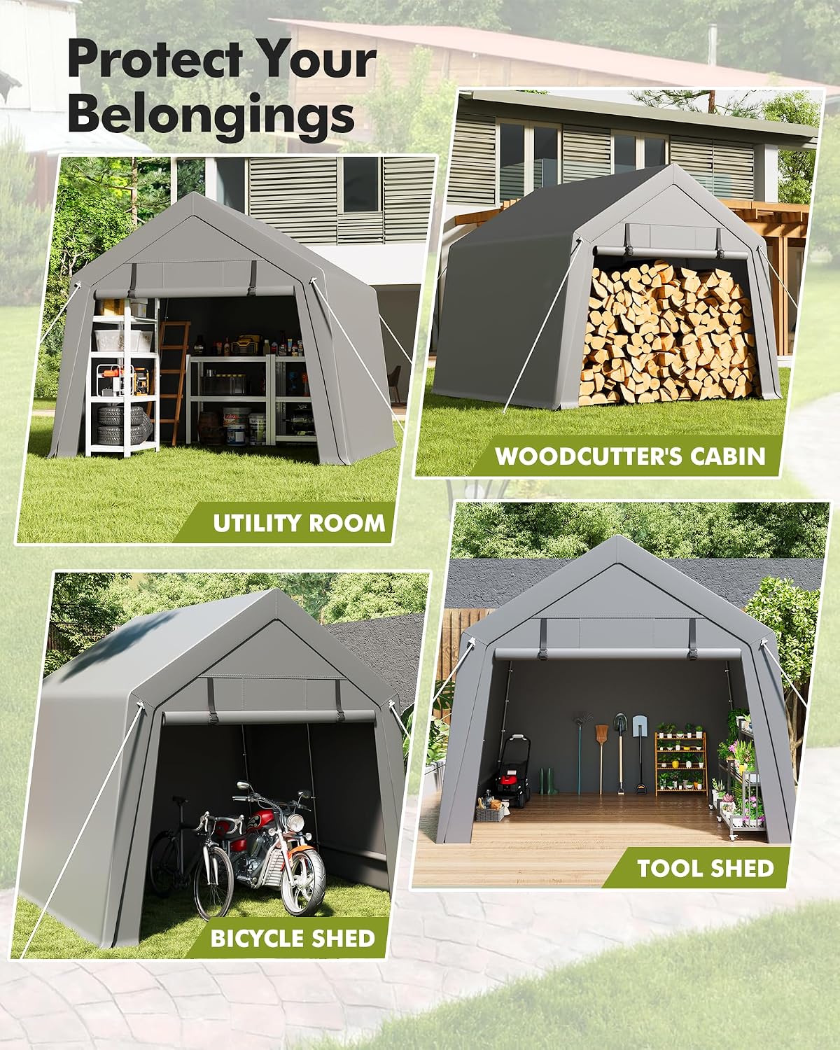 GarveeLife 6 x 6 ft Carport Storage Shed, Portable Garage with Roll-up Zipper Door, Heavy Duty Waterproof Tarp, Storage for Motorcycle, Bike, Firewood, Garden Tools