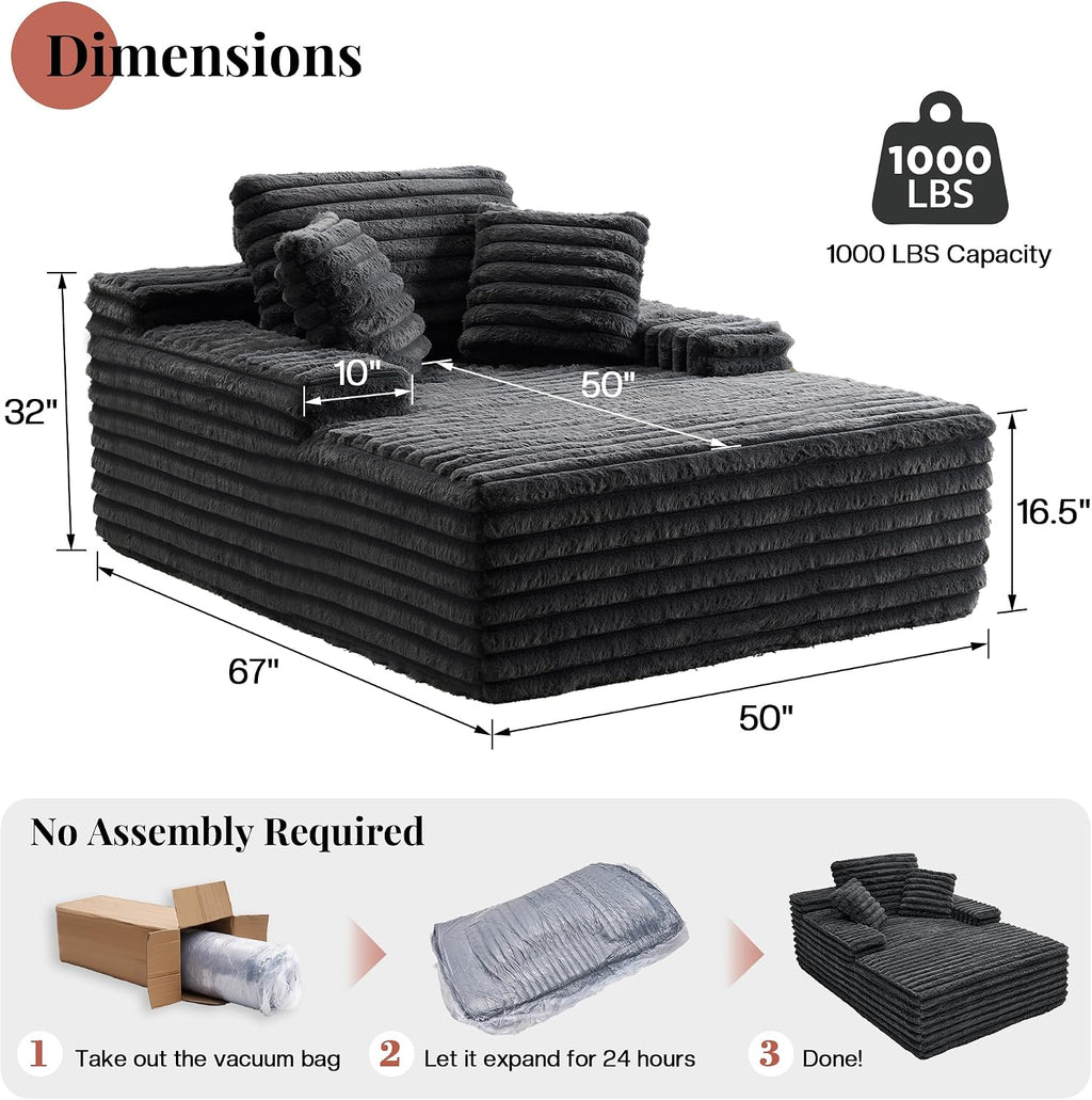 VanAcc 67' Chaise Lounge Sofa, Faux Fur Sleeper Chaise with Armrests and Throw Pillows, No-Assembly Couch for Living Room or Apartment, Gray