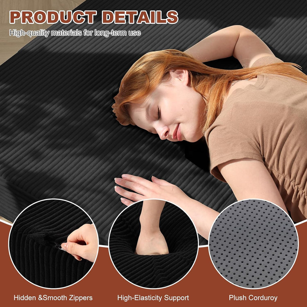 6-Inch Tri-Fold Foldable Mattress, Folding Sofa Bed with Removable Washable Cover, Portable Futon Mattress Full Size Floor Guest Mat with Non-Slip Bottom & Carry Handles for Camping (Black, Queen)