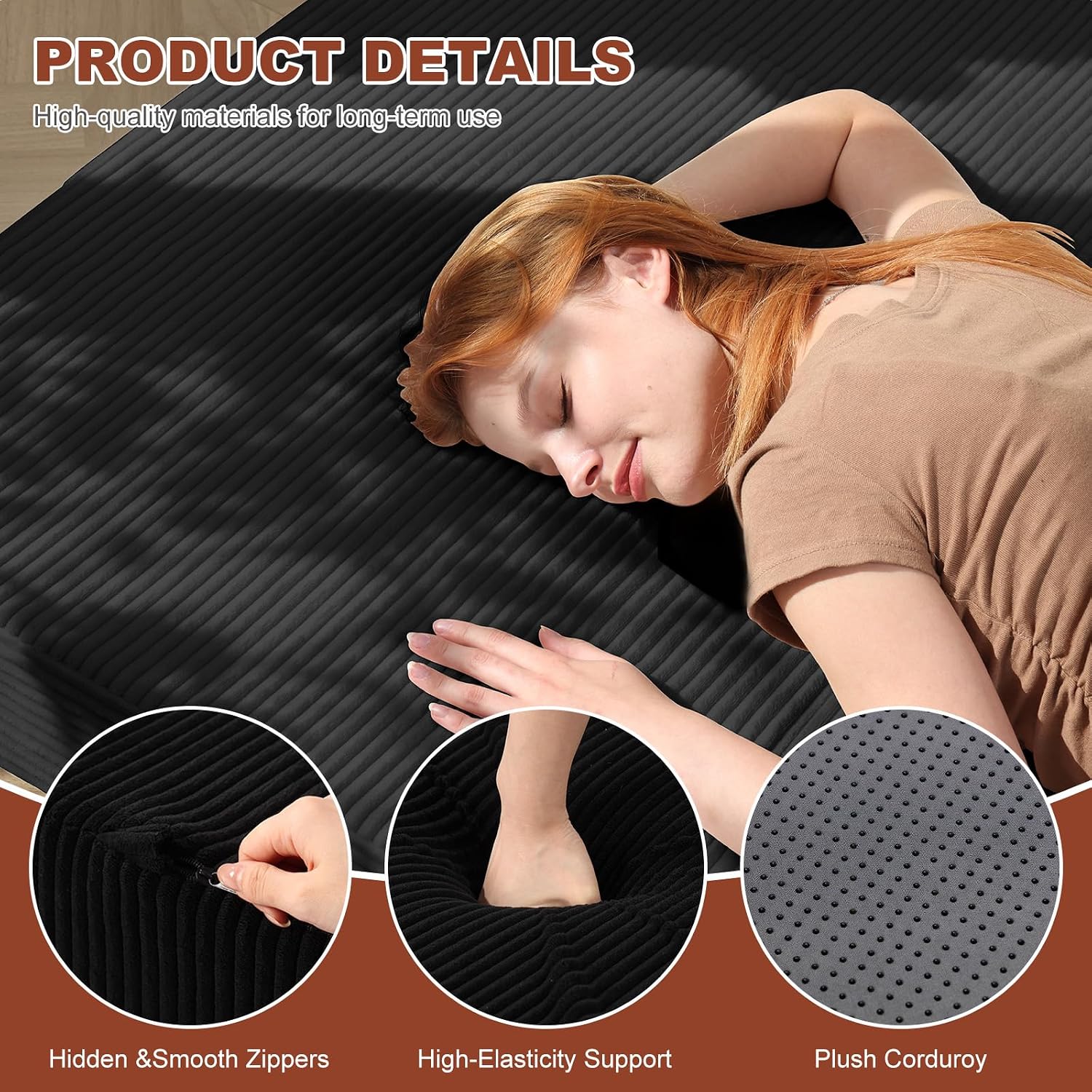 6-Inch Tri-Fold Foldable Mattress, Folding Sofa Bed with Removable Washable Cover, Portable Futon Mattress Full Size Floor Guest Mat with Non-Slip Bottom & Carry Handles for Camping (Black, Queen)