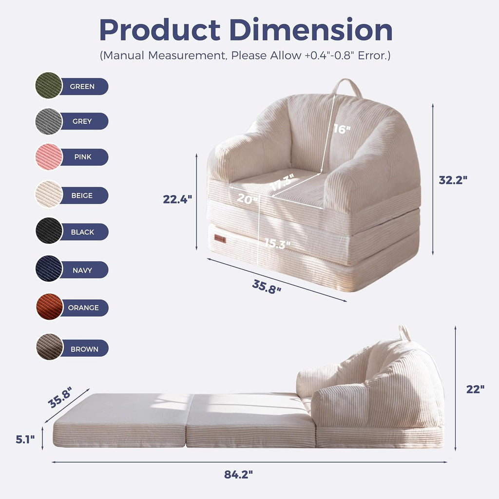 MAXYOYO Folding Sofa Bed with Backrest, Boneless Fold Out Couch Bed with Handle, 2 in 1 Convertible Bean Bag Chair to Floor Sofa Lounger, Comfy Folding Couch for Bedroom & Living Room, Beige