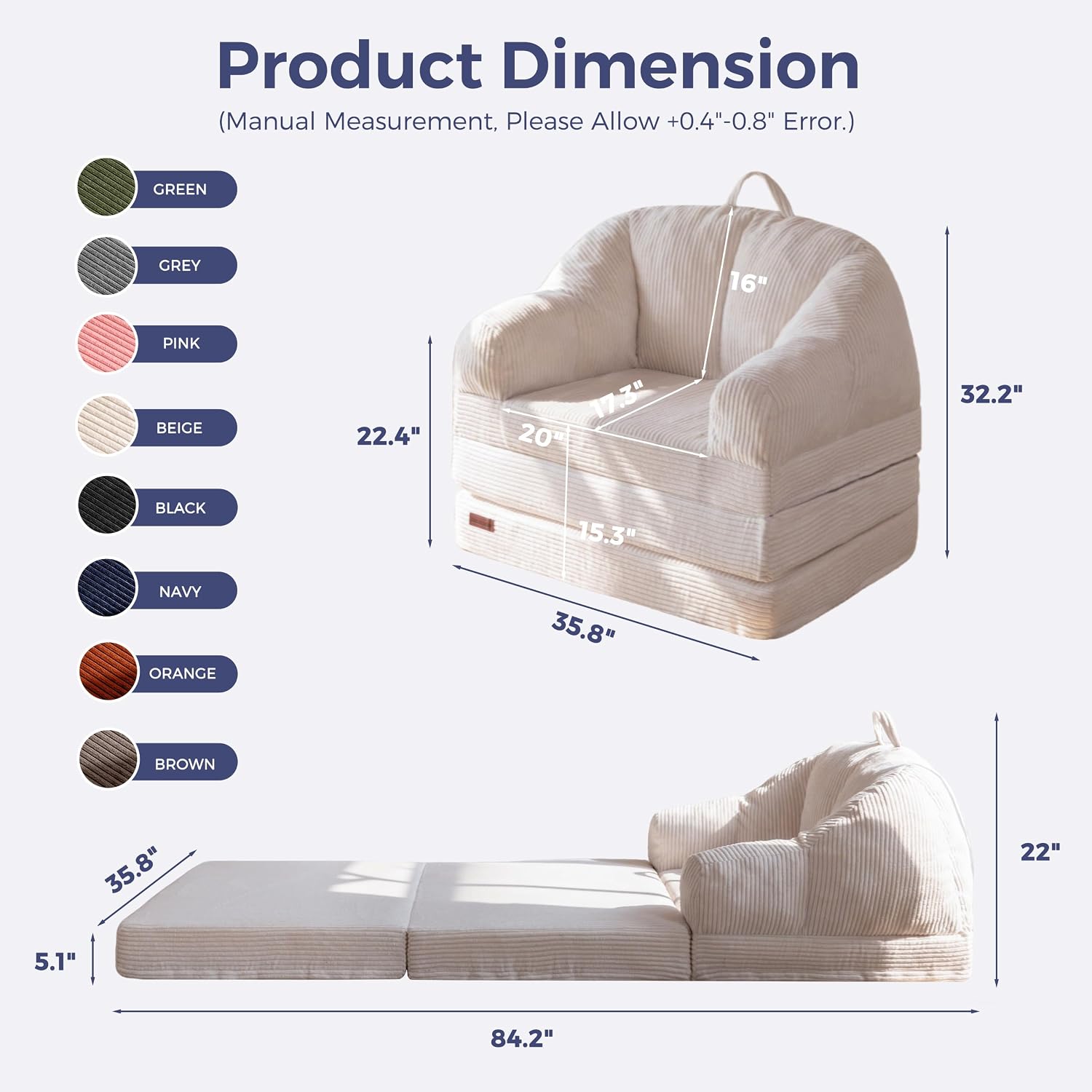 MAXYOYO Folding Sofa Bed with Backrest, Boneless Fold Out Couch Bed with Handle, 2 in 1 Convertible Bean Bag Chair to Floor Sofa Lounger, Comfy Folding Couch for Bedroom & Living Room, Beige