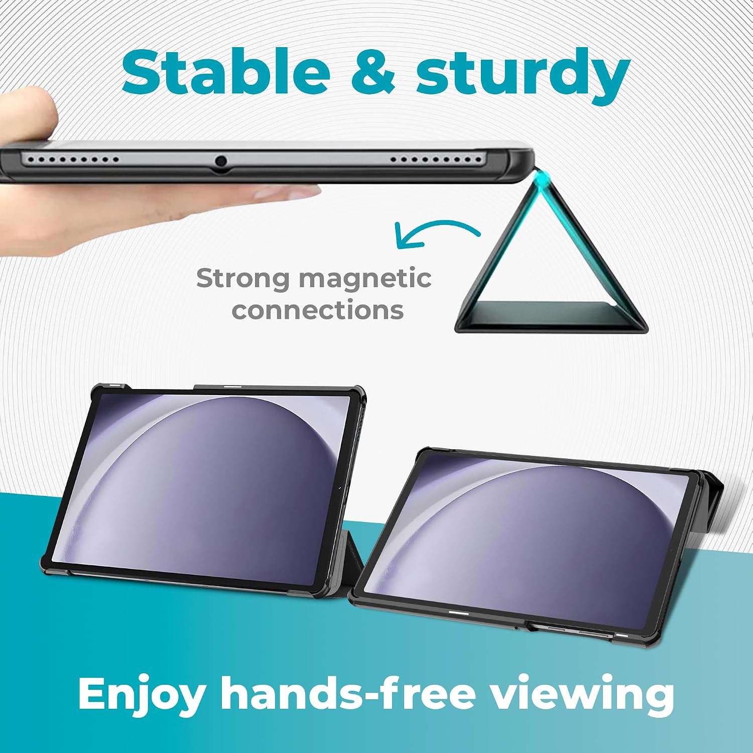 Samsung 2024 Galaxy Tab A9+ 11' 128GB 5G | Android 13 WiFi Touchscreen International | Big Screen, Quad Speakers, Slim | Tablet Bundle - Hard Back Trifold Stand Case + 64GB SD Card (Grey) | MdTec