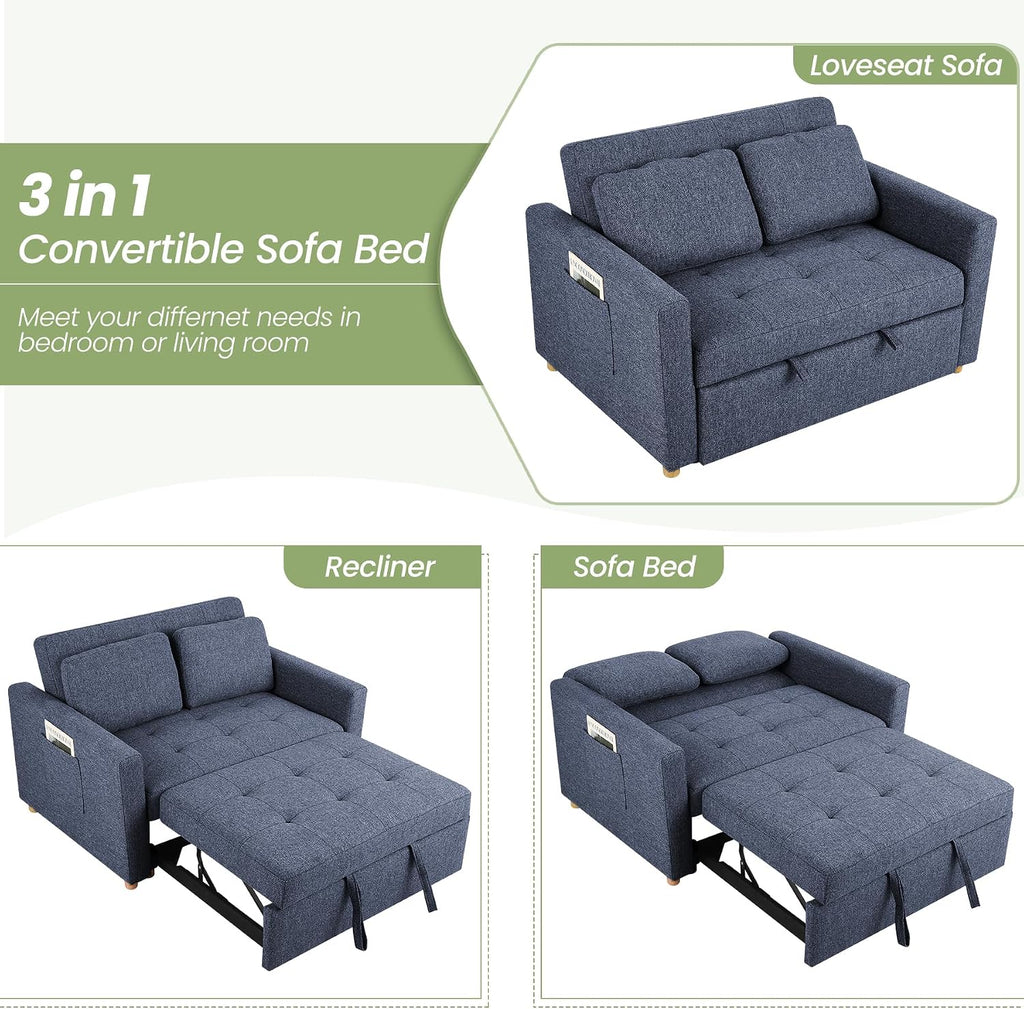 SEJOV Convertible Sofa Bed, 3-in-1 Sleeper Sofa Pull Out Couch Bed, 2-Seater Linen Fabric Loveseat Futon with Spring Support, Adjustable Backrest for Small Spaces, Living Room, Navy Blue