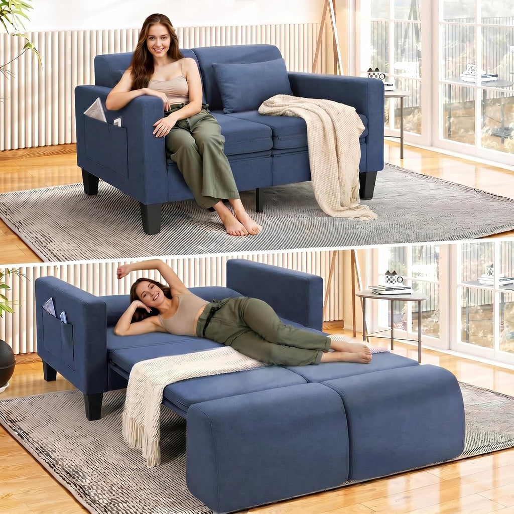 SEJOV 6-in-1 Convertible Sofa Bed, 58' Loveseat Sleeper Sofas with Pull Out Couch Bed, Removable Backrest, Storage Pockets and 2 Pillows, Modern Folding Linen Futon Couch for Small Spaces, Blue