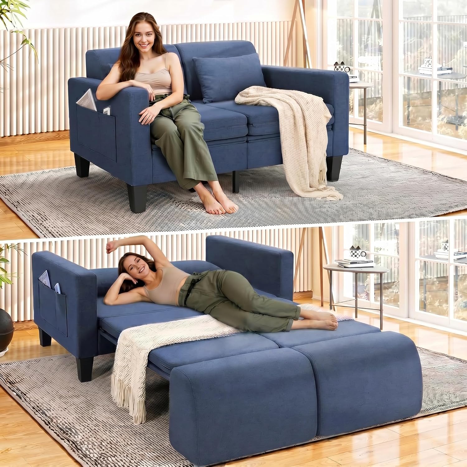 SEJOV 6-in-1 Convertible Sofa Bed, 58' Loveseat Sleeper Sofas with Pull Out Couch Bed, Removable Backrest, Storage Pockets and 2 Pillows, Modern Folding Linen Futon Couch for Small Spaces, Blue