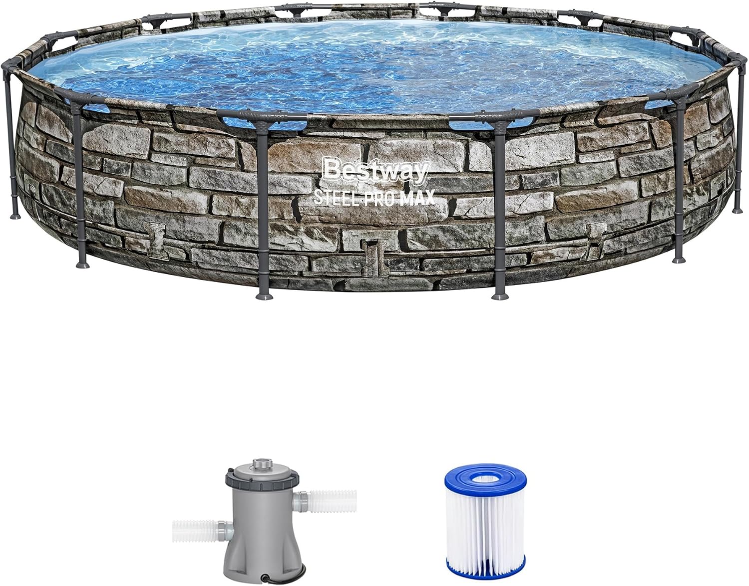 Bestway Steel Pro MAX 12' x 30' Above Ground Pool, Round Metal Frame Outdoor Swimming Pool Set with Filter Pump & Type I Cartridge, Stone Print