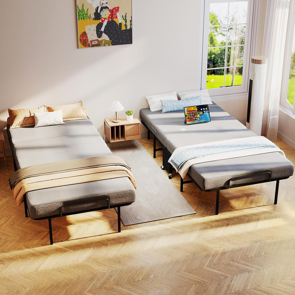 SADENICEL Folding Bed with Mattress for Adults, Twin Size, Portable Foldable Roll Away Bed on Wheels, Memory Foam Mattress and Super Strong Frame, Space Saving Fold Up for Easy Storage, 75' x 38'