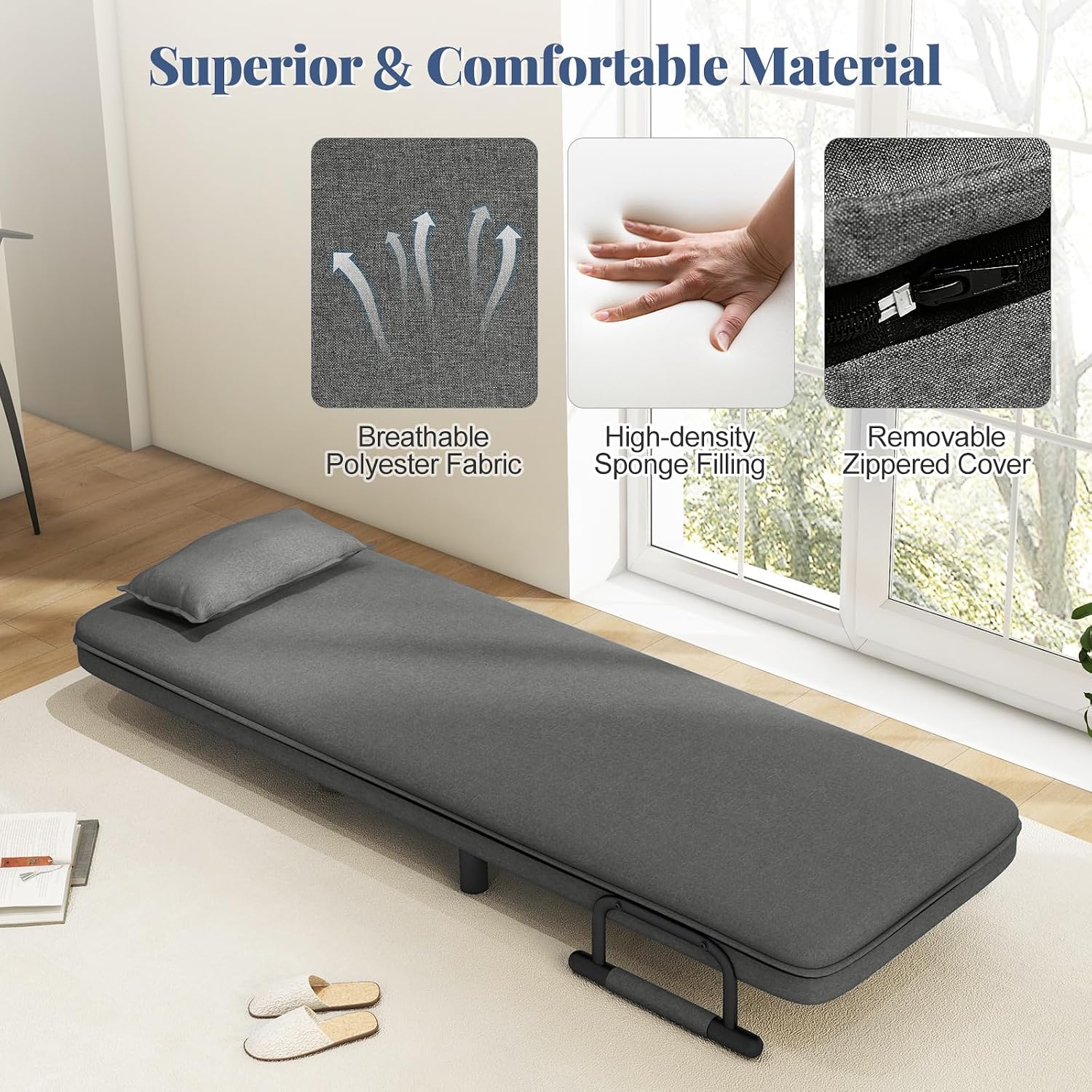 Giantex Convertible Sofa Bed, 3-in-1 Folding Sleeper Chair with 5-Position Adjustable Backrest, Wheels, 2 Legs, Recliner Chaise Lounge with Pillow, Armchairs for Nursery Living Room Office (Gray)