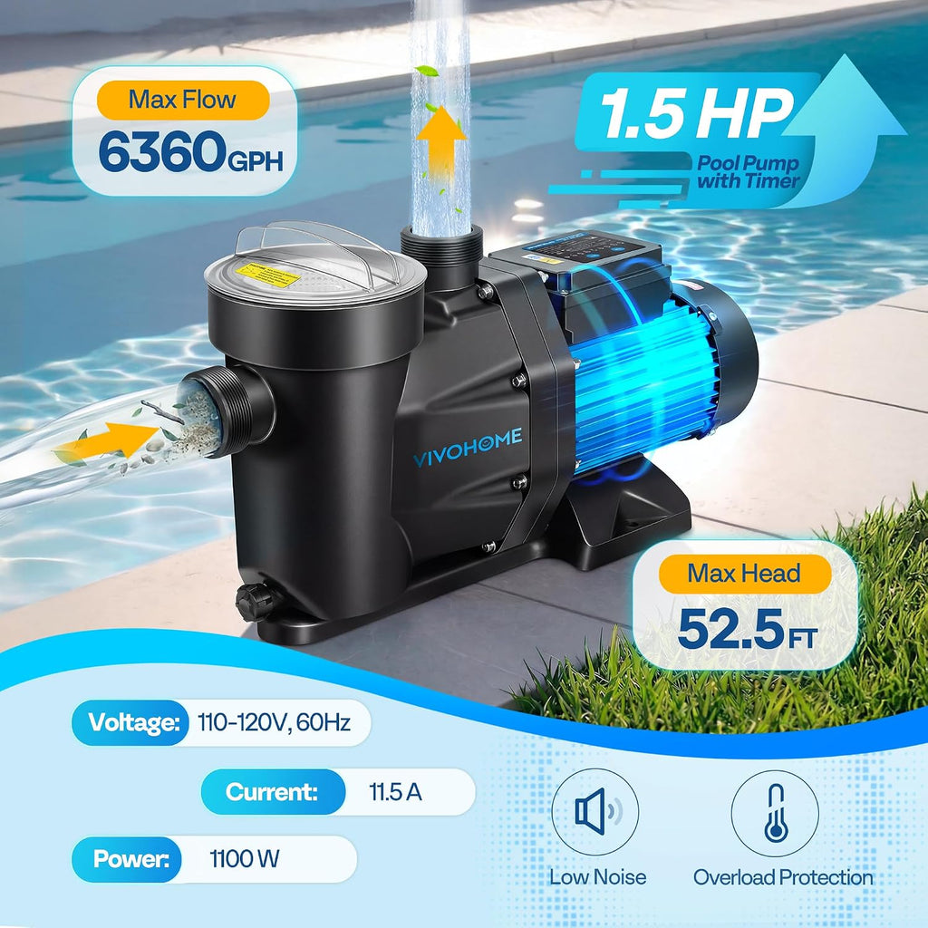 VIVOHOME Self Primming in/Above Ground Swimming Pool Pump w 1.25'' & 1.5' & 2.0'' Unions Energy Saving w/Strainer Baske, 6360 GPH