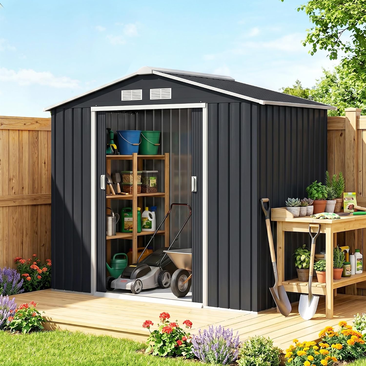 Outsunny 7' x 4' Outdoor Storage Shed, Garden Tool Metal Shed with Foundation Kit, Double Lockable Door, Air Vents and Sloping Roof, for Backyard, Patio, Lawn, Dark Gray