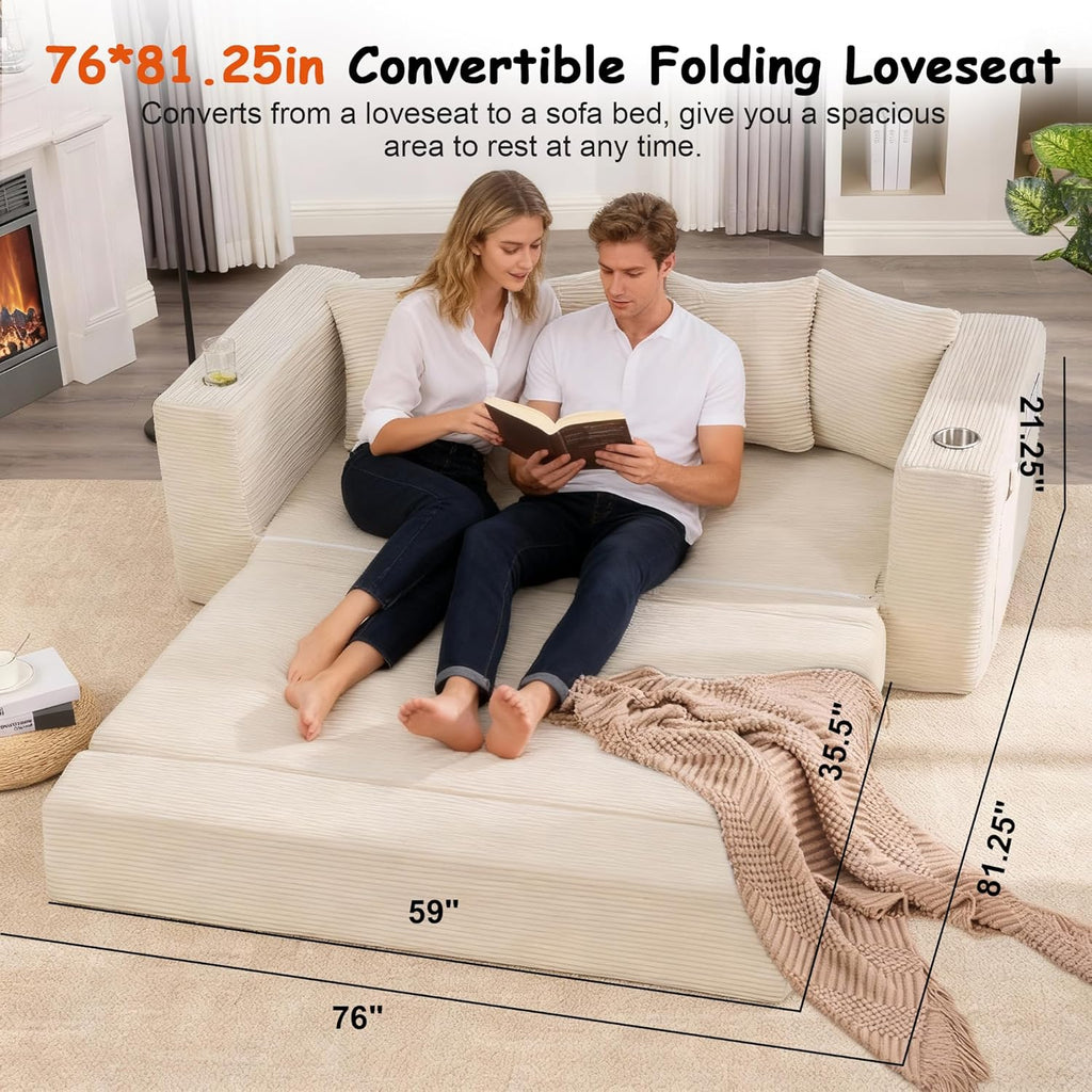 76' Convertible Sofa Bed, 2-in-1 Boneless Sleeper Sofa with Cup Holder & Pocket, Corduroy Pull Out Couch with 5 Pillows, Couch Bed for Living Room, Small Spaces, Bedroom, No Assembly