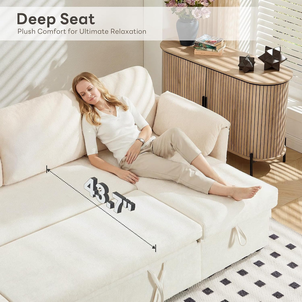 Tbfit 83'' Sleeper Sofa Bed with USB & Storage Chaise, Convertible Pull Out Sofa Bed, Couches for Living Room, Dorm, RV, Small Spaces, White Sherpa