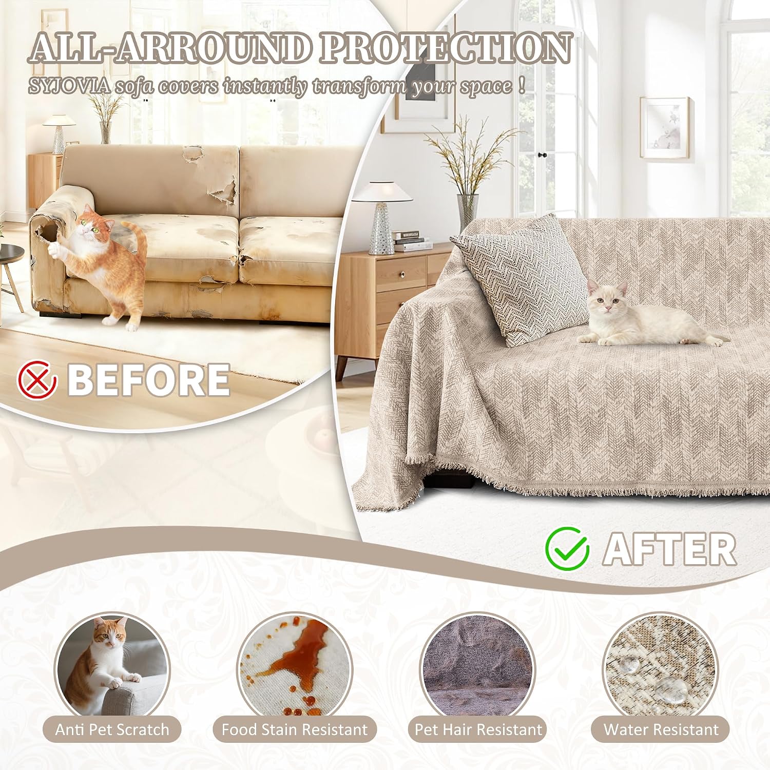 1OO% Waterproof Sectional Couch Covers for Dogs L Shaped Corner Sofa Cover Washable Chenille Sofa Slipcovers Blanket Modern Jacquard Pet Furniture Protector (91'x276', Light Khaki)