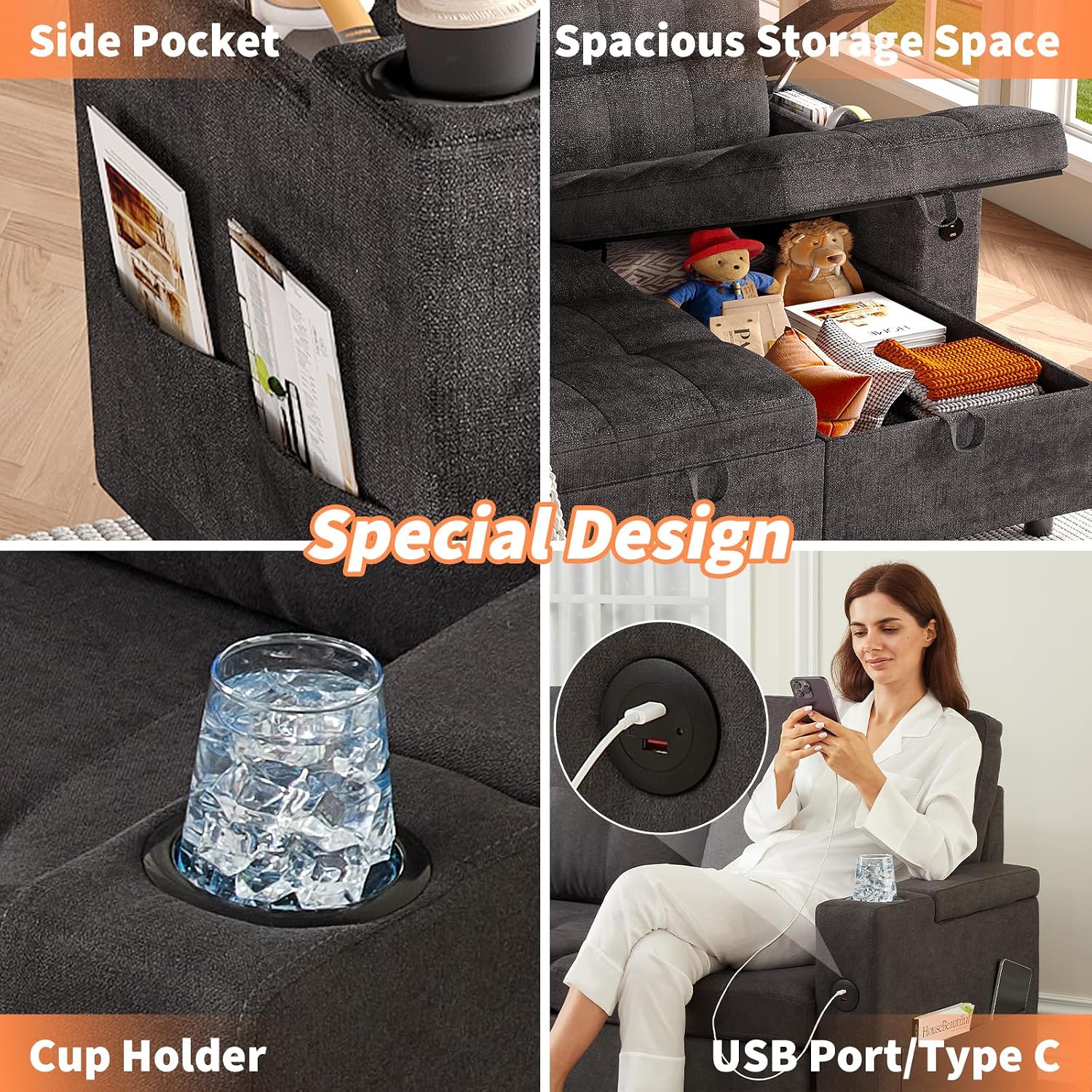 IDEALHOUSE Couches for Living Room, 84'' Sofa Bed，l-Shaped Sectional Sleeper Sofa with Pull Out Bed，Reversible Storage Chaises， Hidden Storage Armrests，Cup Holders & USB Charging Ports