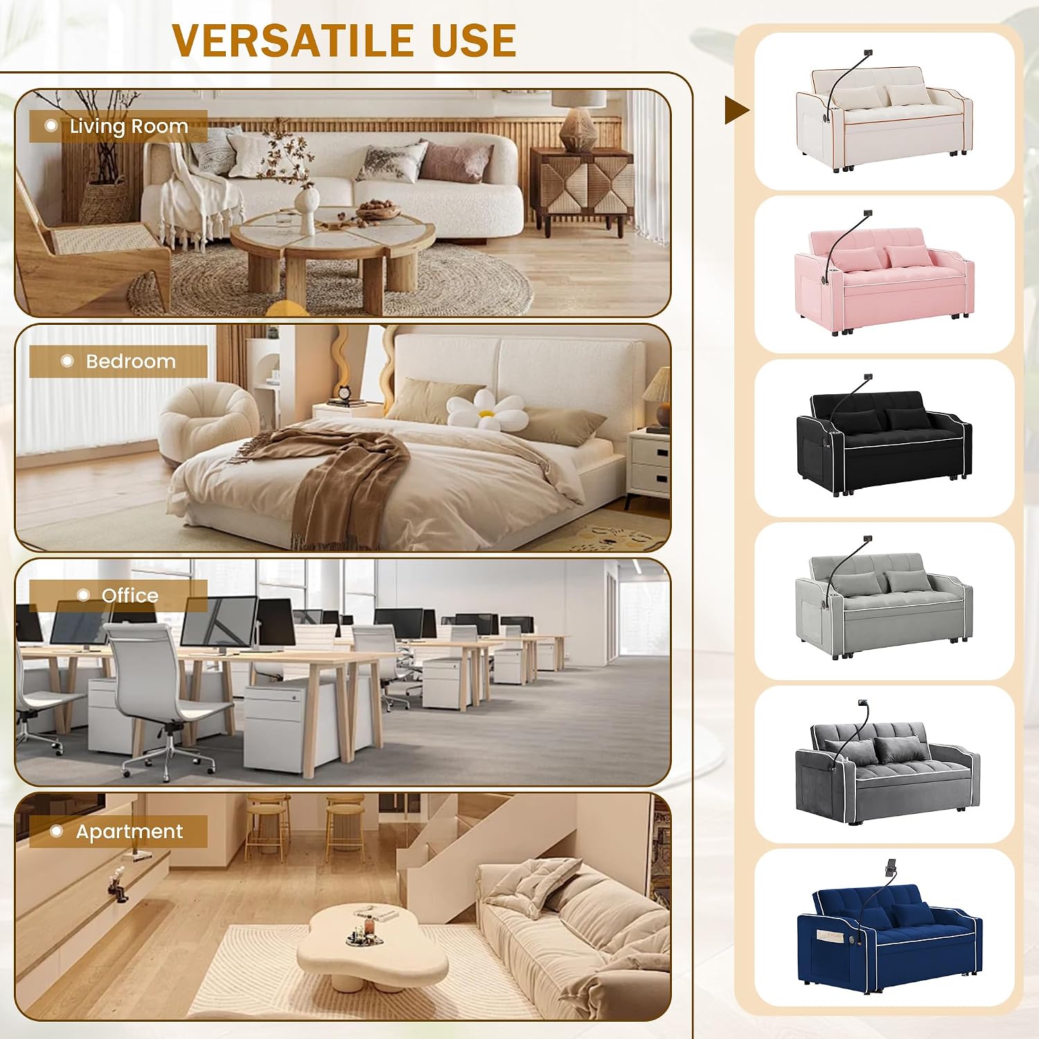 Sleeper Sofa Couch Bed with Phone Holder, Modern 3-in-1 Convertible Velvet Pull Out Loveseat Futon Sofa with USB & Type C Port & Cup Holder for Living Room Bedroom Office