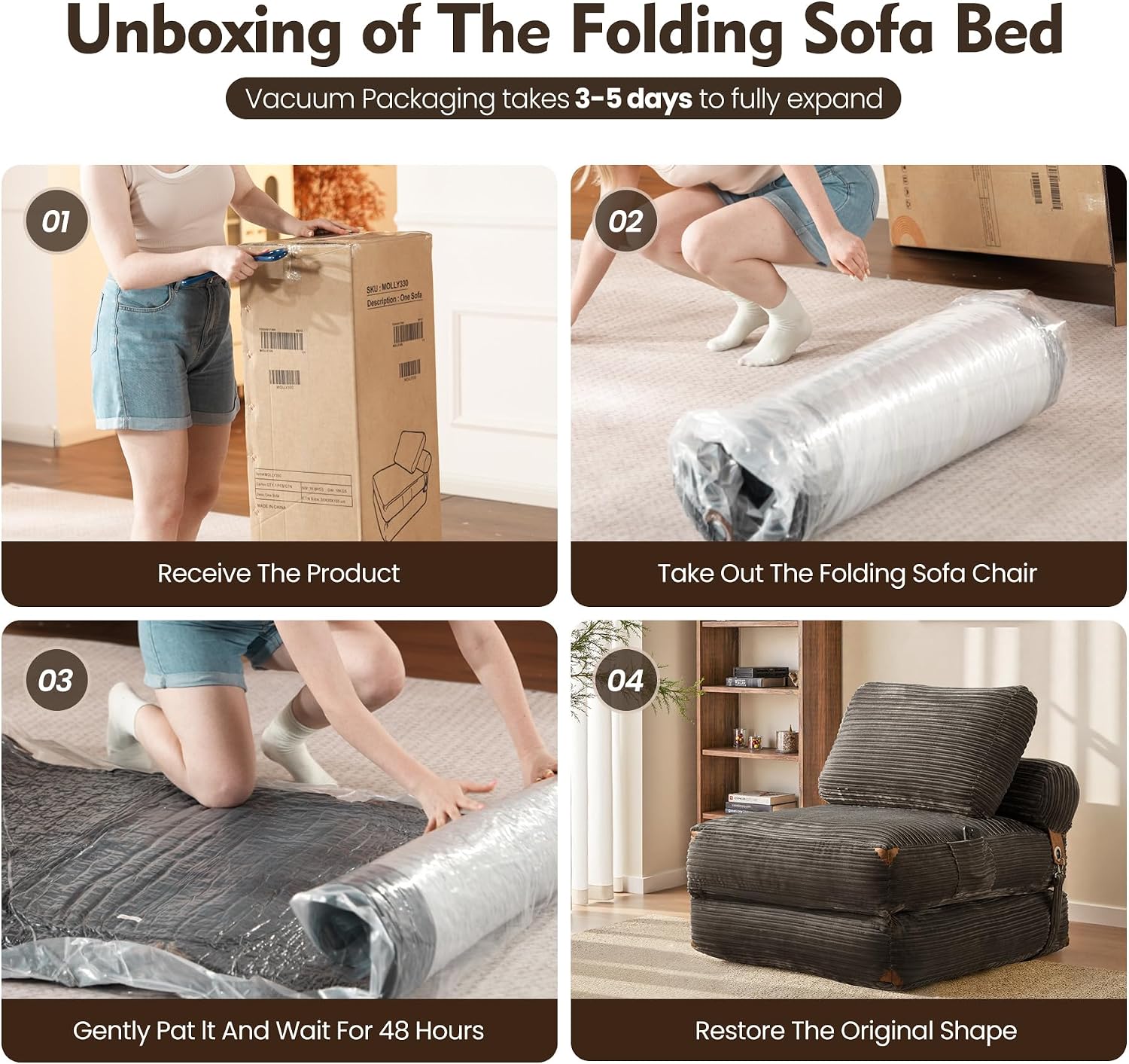 ovios Folding Sofa Bed, Foldable Sleeper Chair Floor Futon, Comfy Portable Convertible Fold Out Lounge Chairs for Living Room Bedroom, Grey