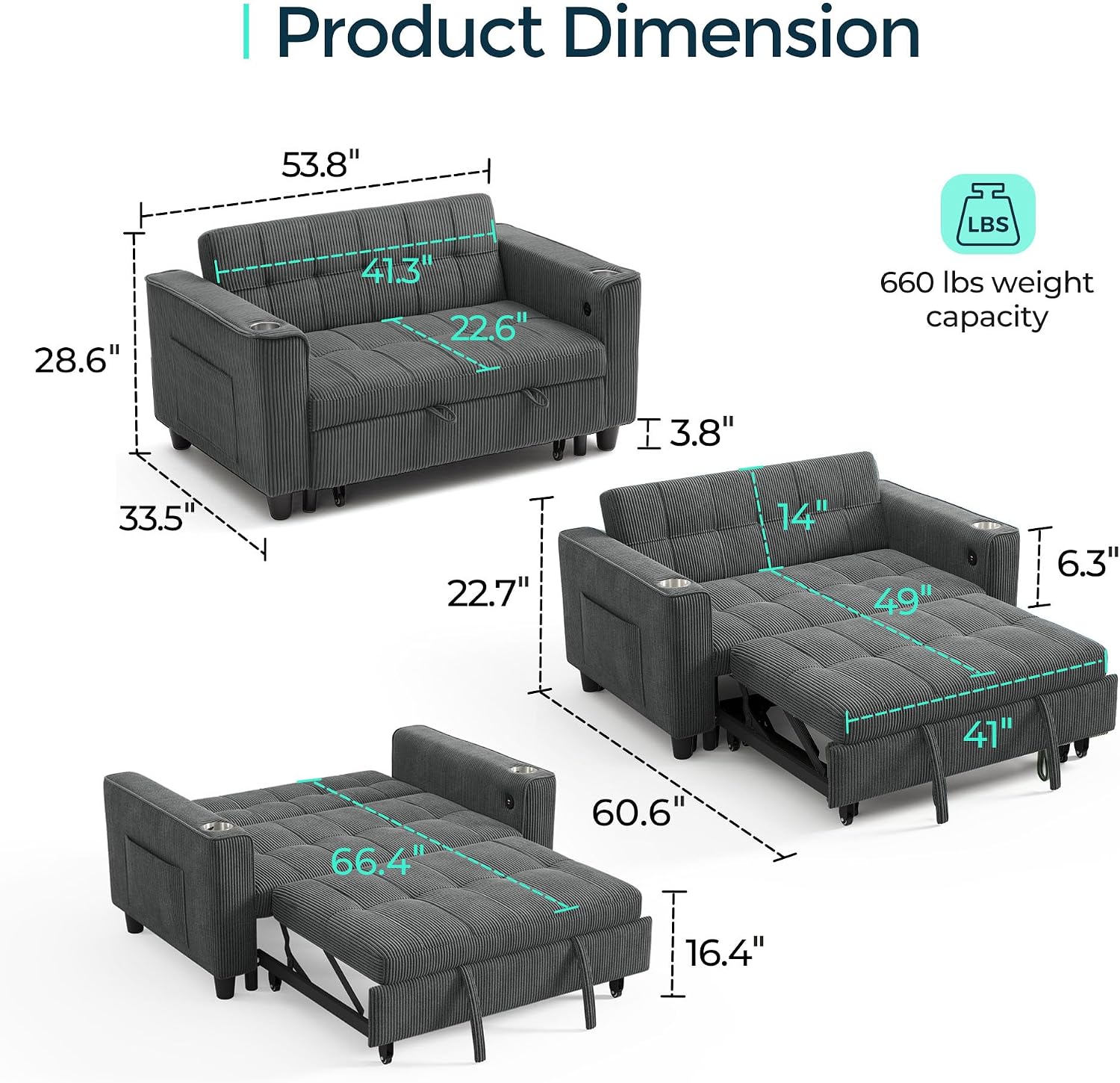 LINSY Sleeper Sofa Bed, 54' Pull Out Couch with Charging Station & Cup Holder, Small 3 in 1 Convertible Loveseat Sleeper Couch for Apartment, Dorm Room, Bedroom and Small Space, Corduroy Gray