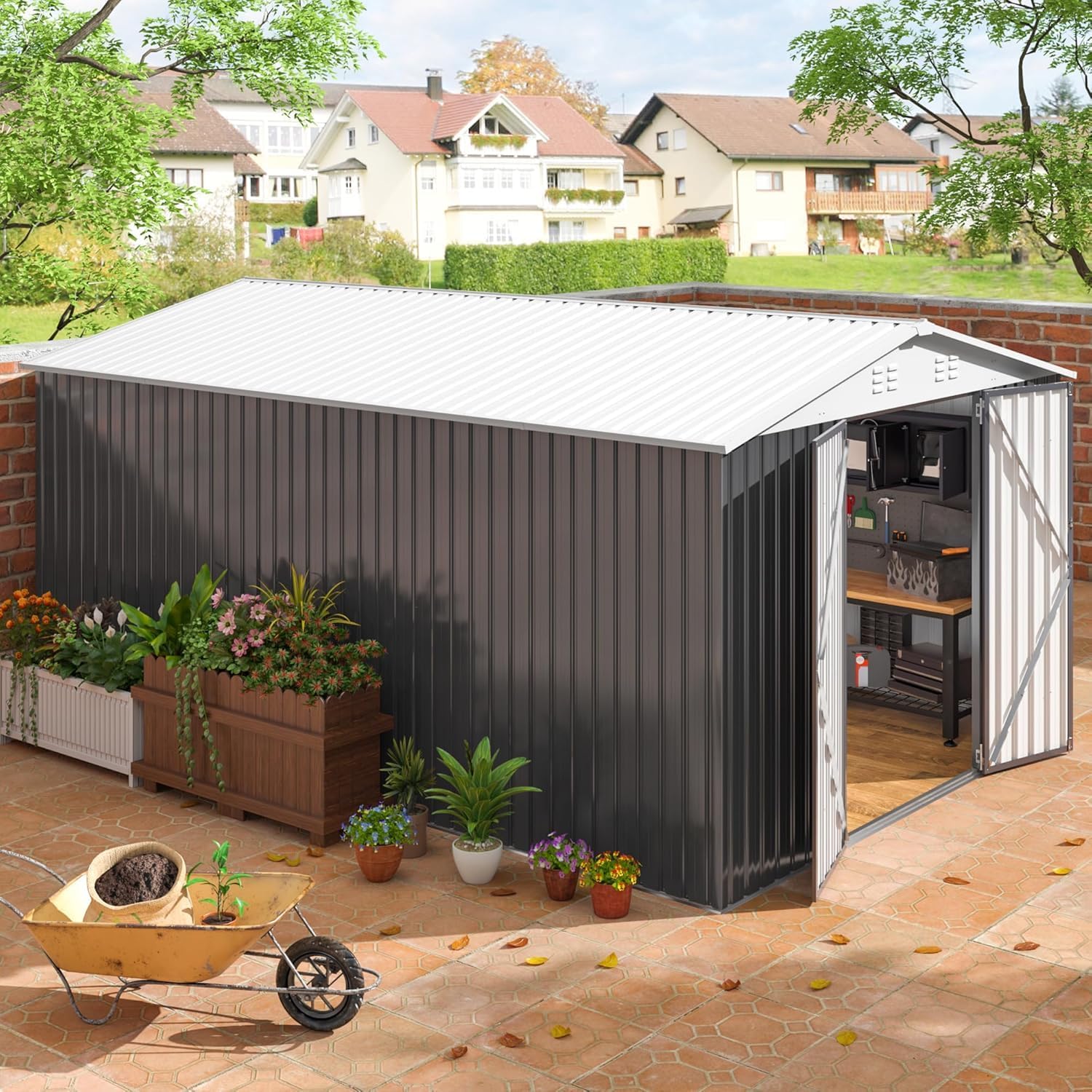 AirWire 10x14 FT Metal Shed, Garden Storage Shed with Updated Frame Structure and Lockable Doors, Outdoor Heavy Duty Tool Sheds for Backyard Garden Patio Lawn, White