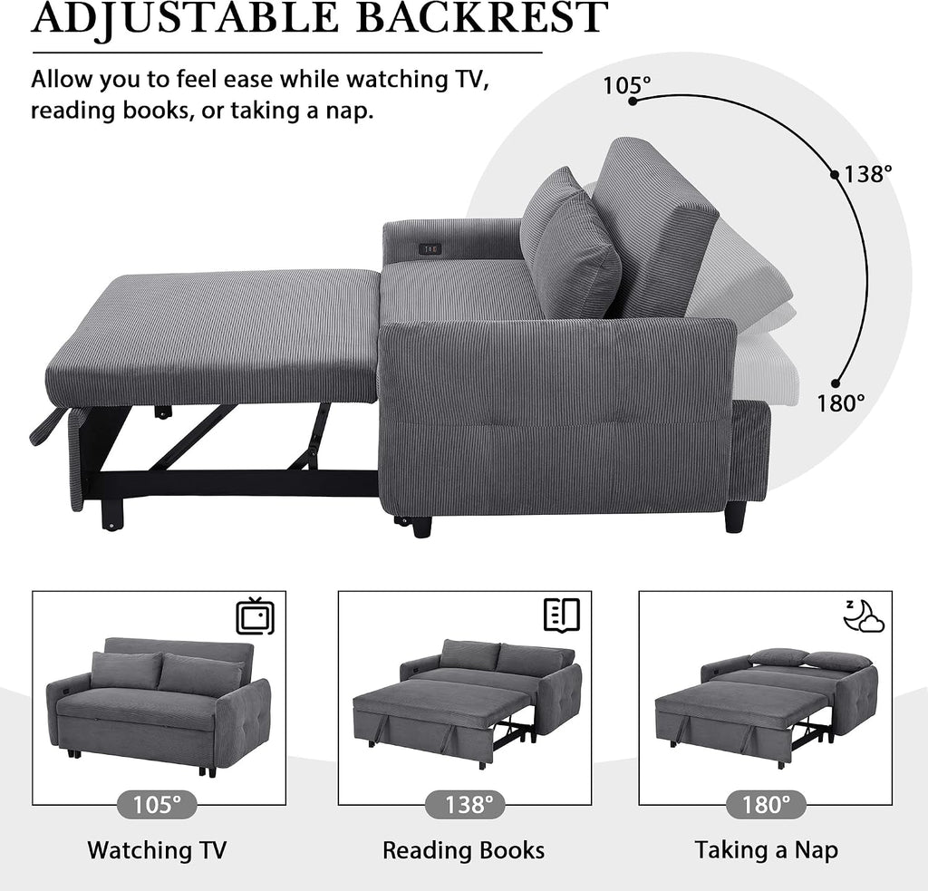 Merax Pull-Out Sofa Bed with Adjustable Backrest and Two Throw Pillows, 2 Seat Loveseat Lounge & Type C and USB Ports, 3 in 1 Convertible Sleeper Couch for Living Room, Dark Grey