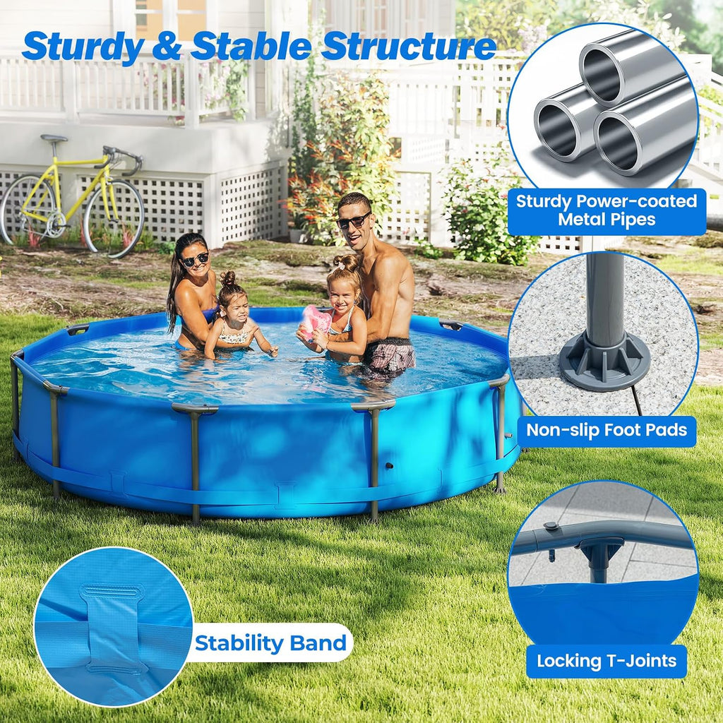 Goplus Above Ground Swimming Pool, Frame Family Pool Set w/Metal Frame, PVC Fabric, 3 Stoppers, Drainage Valve Connector, for Outdoor, Backyard, Garden, Patio (12' Round w/Solar Cover, 1617 Gal, Blue)