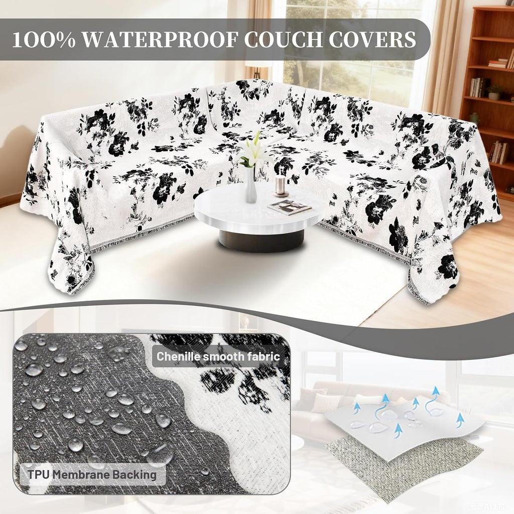 1OO% Waterproof Sectional Couch Covers for Dogs L Shaped Corner Sofa Cover Washable Chenille Sofa Slipcovers Blanket Modern Jacquard Pet Furniture Protector (91'x252', Black Flower)
