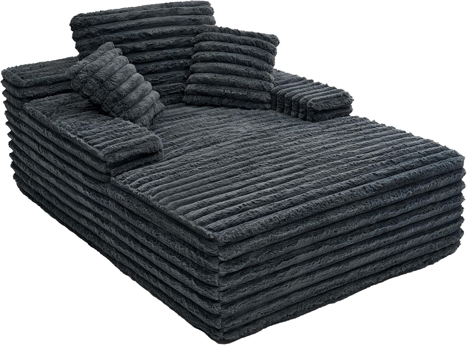 VanAcc 67' Chaise Lounge Sofa, Faux Fur Sleeper Chaise with Armrests and Throw Pillows, No-Assembly Couch for Living Room or Apartment, Gray