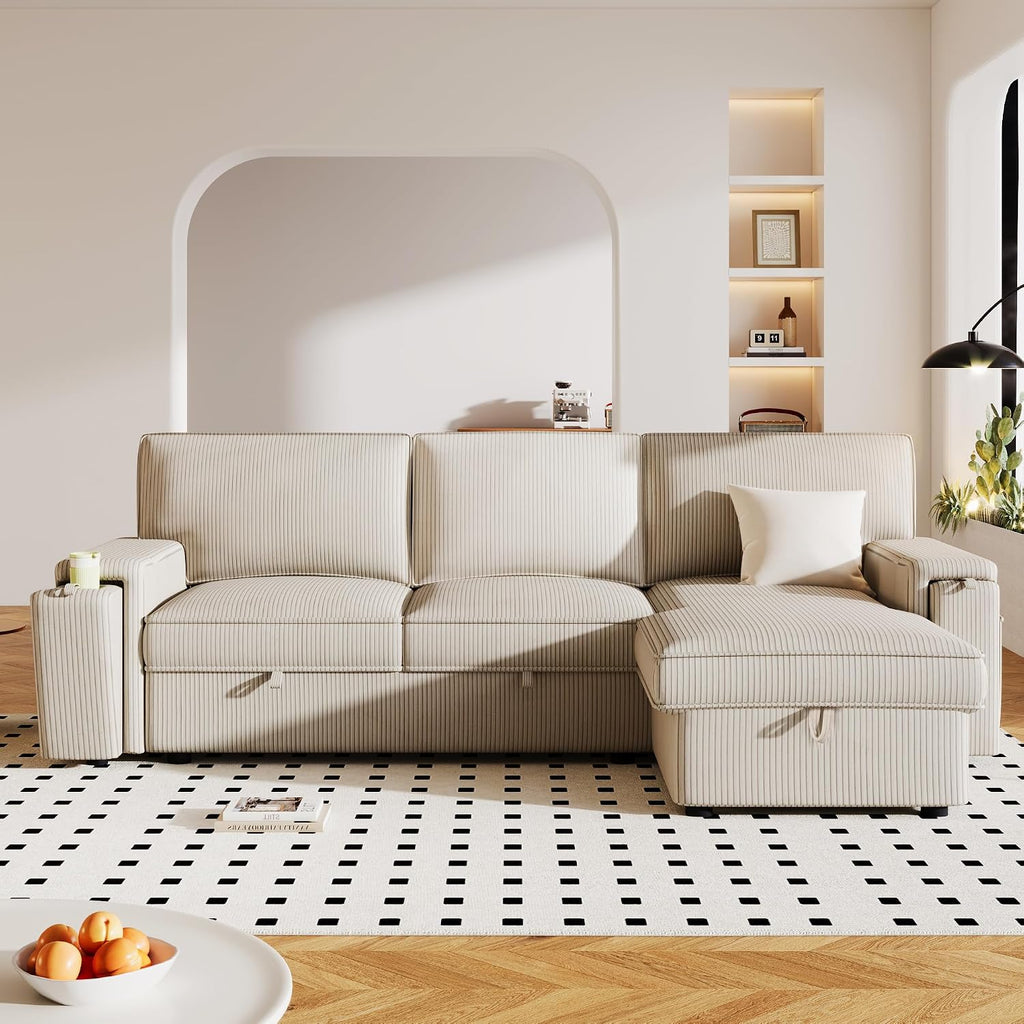 Sleeper Sofa, 96' Corduroy 2-in-1 Pull Out Sofa Bed, Convertible Sofa Bed Couch with Storage Chaise, L Shaped Sofa with Hidden Cup Holders, 3 Seater Sofa for Living Room, Apartments, Beige