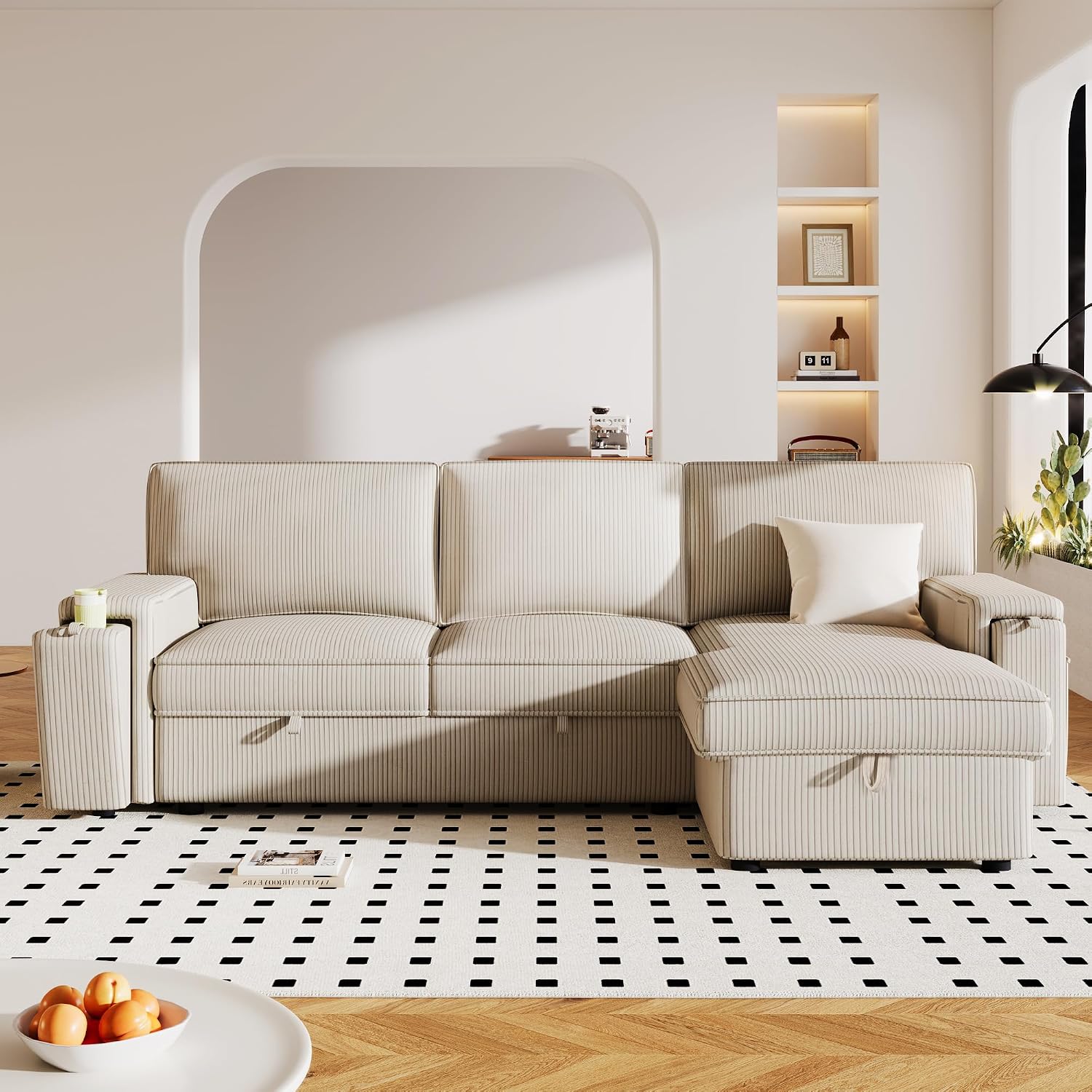 Sleeper Sofa, 96' Corduroy 2-in-1 Pull Out Sofa Bed, Convertible Sofa Bed Couch with Storage Chaise, L Shaped Sofa with Hidden Cup Holders, 3 Seater Sofa for Living Room, Apartments, Beige