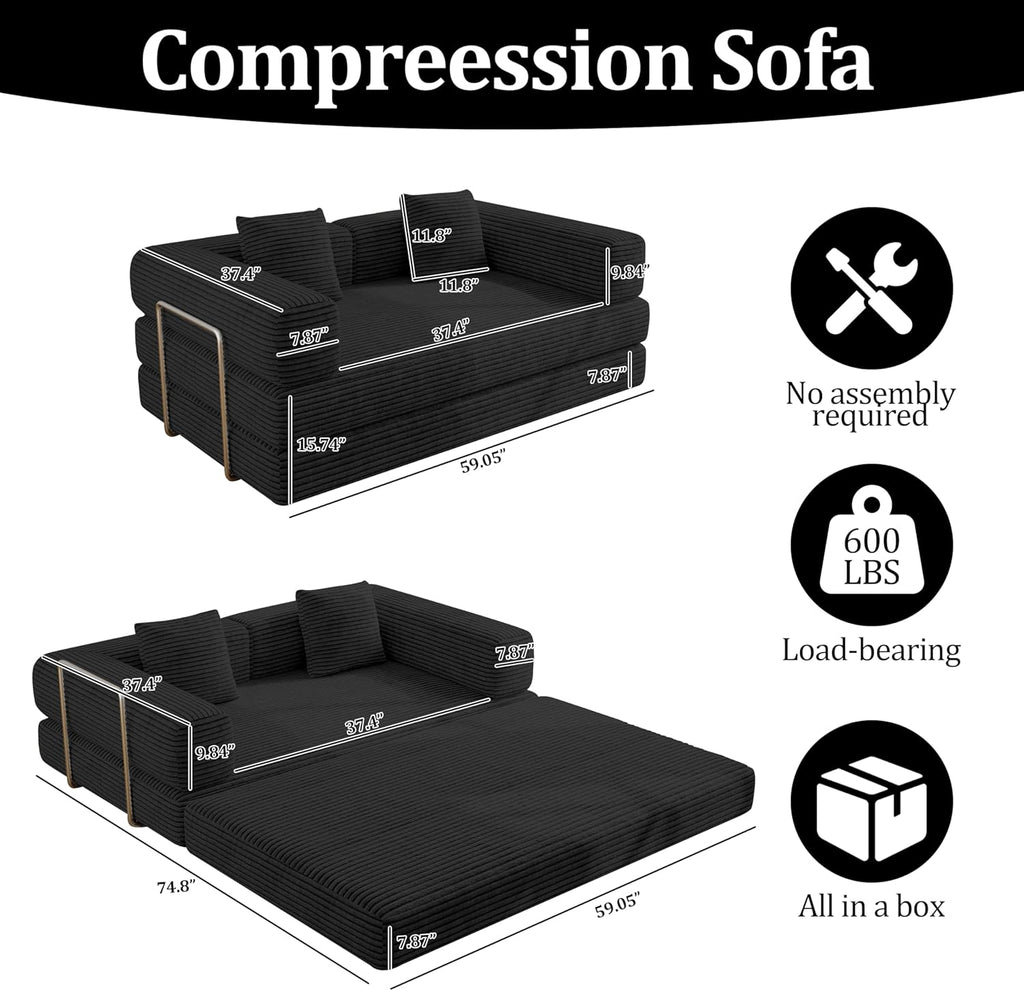 4-in-1 Foldable Sofa Bed Teddy Foam-Filled Compressed Couch Loveseat Sofa Boneless Foldable Convertible Sleeper Sofa Couch for Space Saving Living Room, Guest Bed, Playroom (Black, 53.15'Double Sofa)