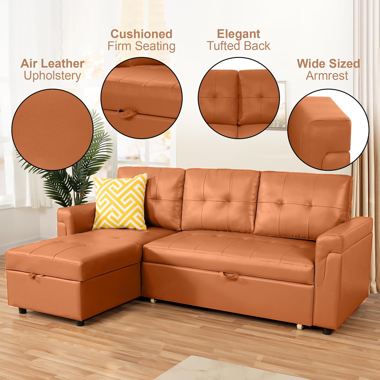 Naomi Home L Shaped Sectional Couch with Storage & Pull Out Bed – 3-in-1 Convertible Sleeper Sofa Bed, Small L Shape Sofa for Living Room, Sofa Bed with Storage Chaise in Caramel, Air Leather