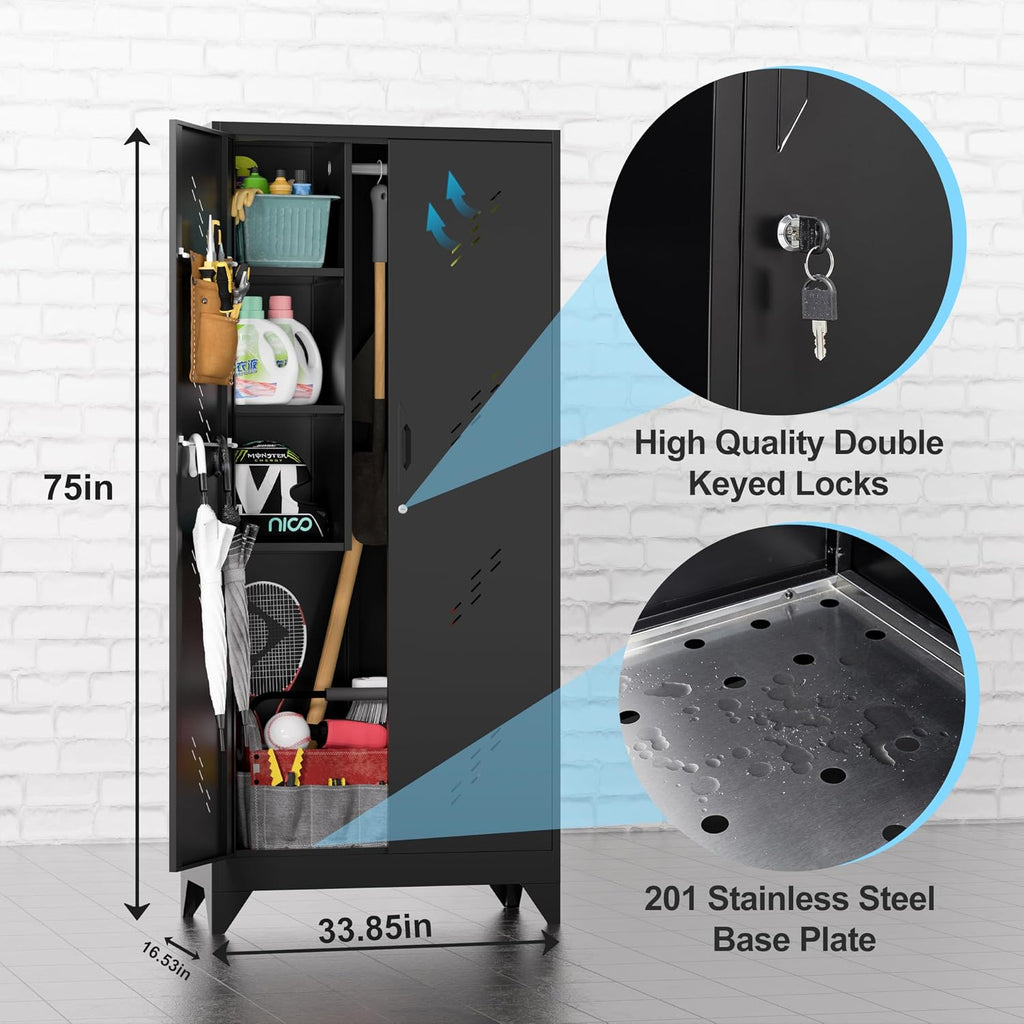 Metal Storage Cabinet, 75' Cleaning Tool Cabinet with Locking Door, Tall Storage Sheds Tool Organizer, Large Broom Cabinet for Bathroom, Laundry Room, Kitchen, Pantry, and Humid Environments