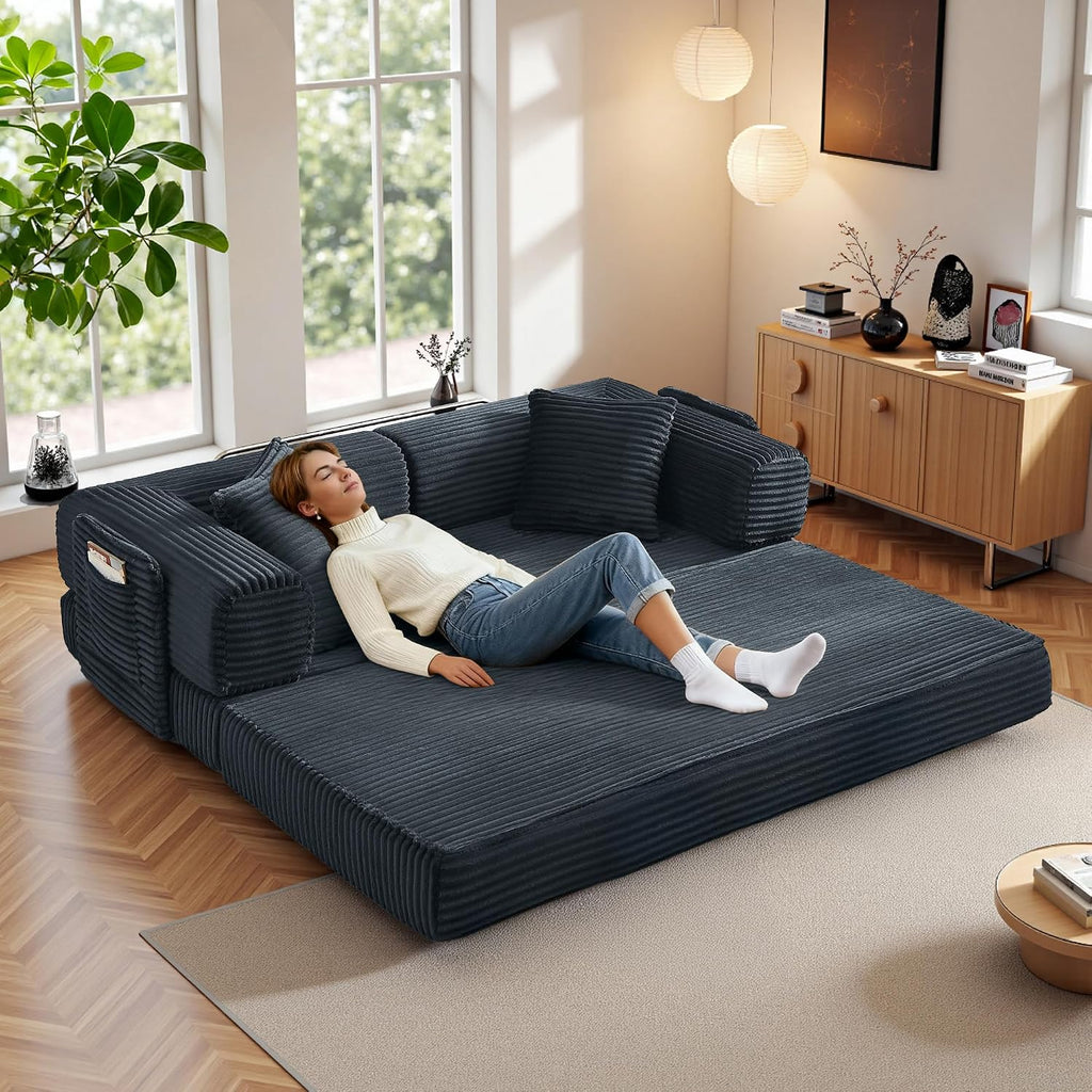 Boneless Couch Futon Sofa Bed Sectional Couches for Living Room,Cloud Couch with Sleeper Sofa,Sofas for Living Room Oversized Corduroy Upholstered (Gray, 81 Inches (with Iron Frame))