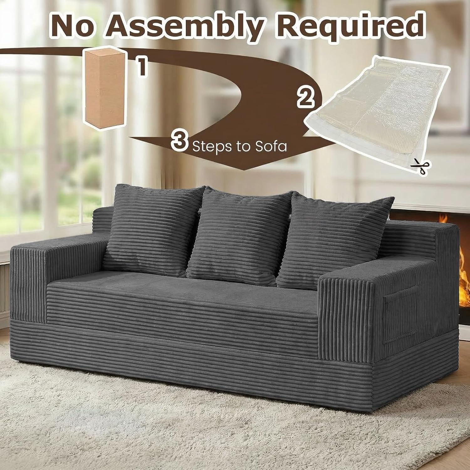 cidludto Convertible Sofa Bed, 78' Oversized Boneless Loveseat Couch 2 in 1 Foldable Futn Bed Couch in A Box, Folding Sleeper Sofa Chair for Living Room, No Assembly Required, Grey