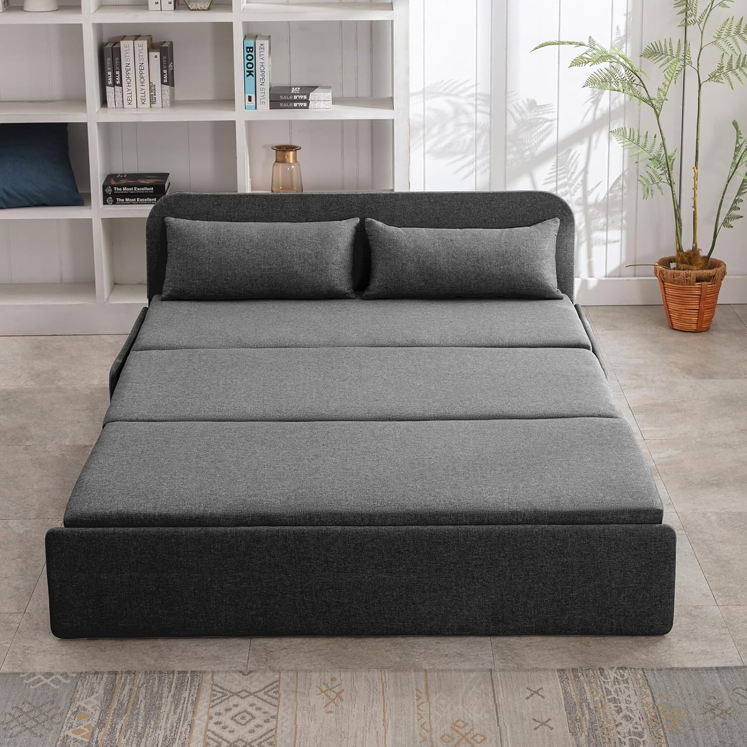 BALUS 61' Queen Sofa Bed Couch Convertible Sleeper with Pullout Beds, Folding Sofabed Guest Bed with 2 Pillows, Tri-fold Mattress Sofas Armless Loveseat for Living Room Apartment Loft - Dark Gray