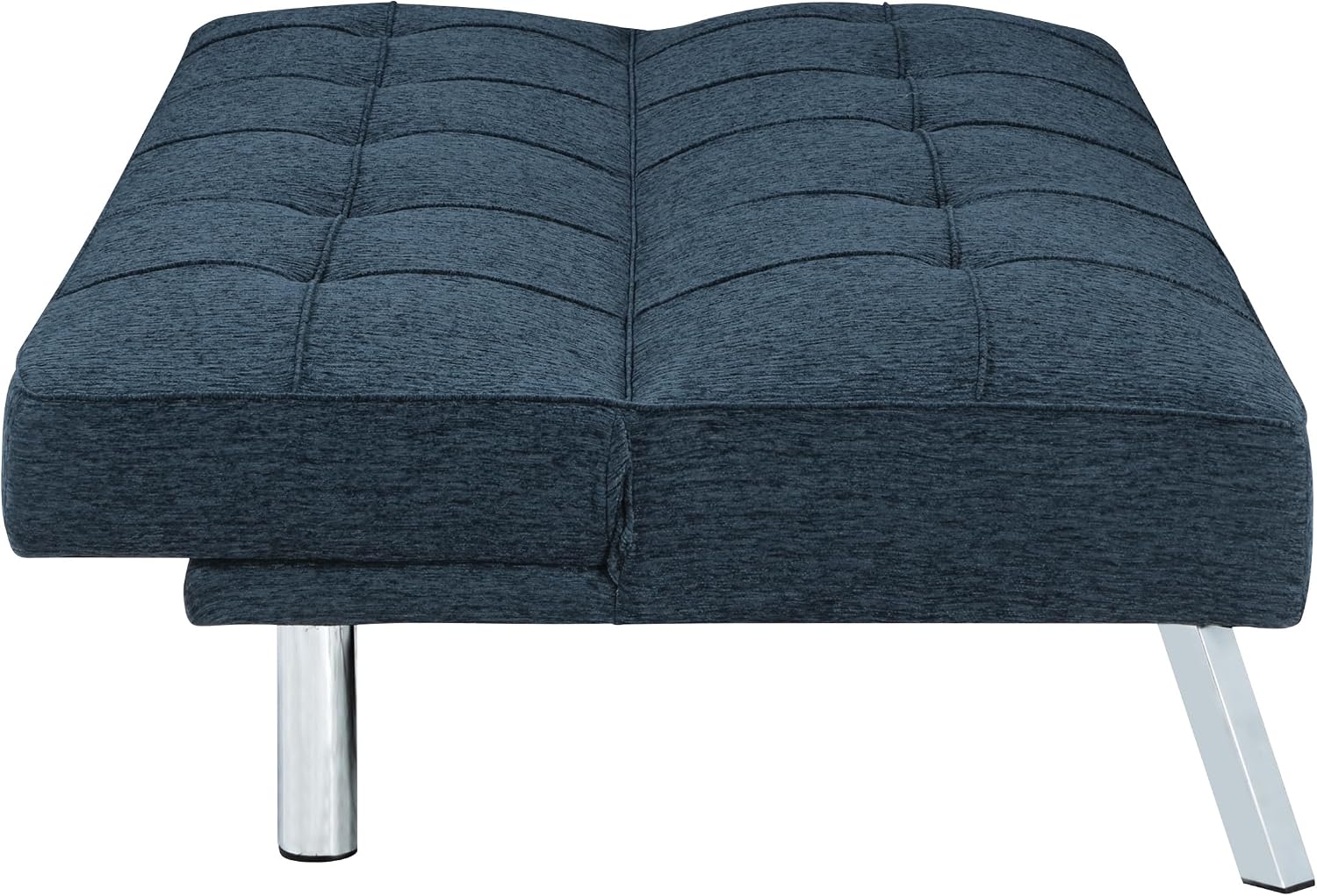 OSP Home Furnishings Kenneth Modern Button Tufted Convertible Click-Clack Futon Sofa Bed, Indigo Blue Fabric with Chrome Legs