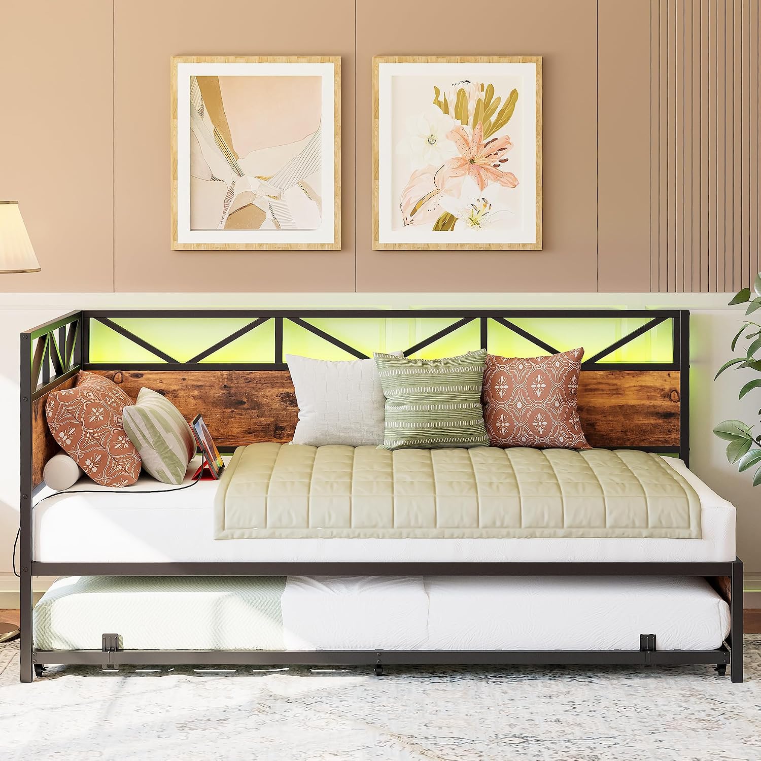 LIKIMIO Daybed with Trundle, Sofa Day Bed with Charging Station and LED Lights, Trundle Bed Twin with Strong Supports for Living Room, Bedroom and Guest Room