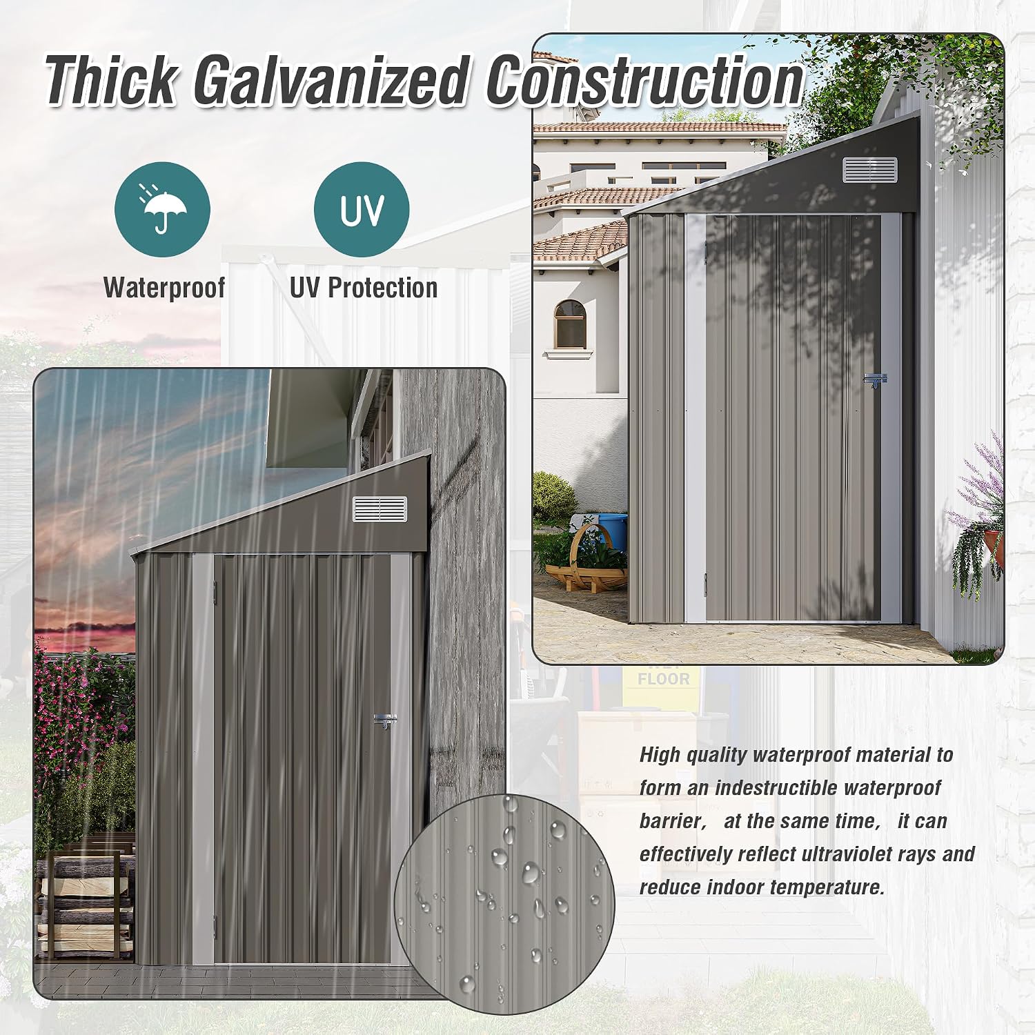 4x8FT Outdoor Lean to Storage Shed, Metal Wall Side Sheds Garden Tool Storage Shed W/Lockable Door and Air Vents, Waterproof Garden Shed Utility Tool for Backyard, Patio, Lawn